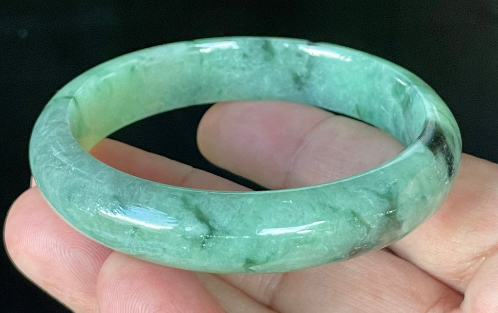 Natural Grade A Certified Burmese Jadeite Jade Bangle – Icy Apple & Imperial Green with Black & Greyish Milky White Hues – 57.5mm – JB911
