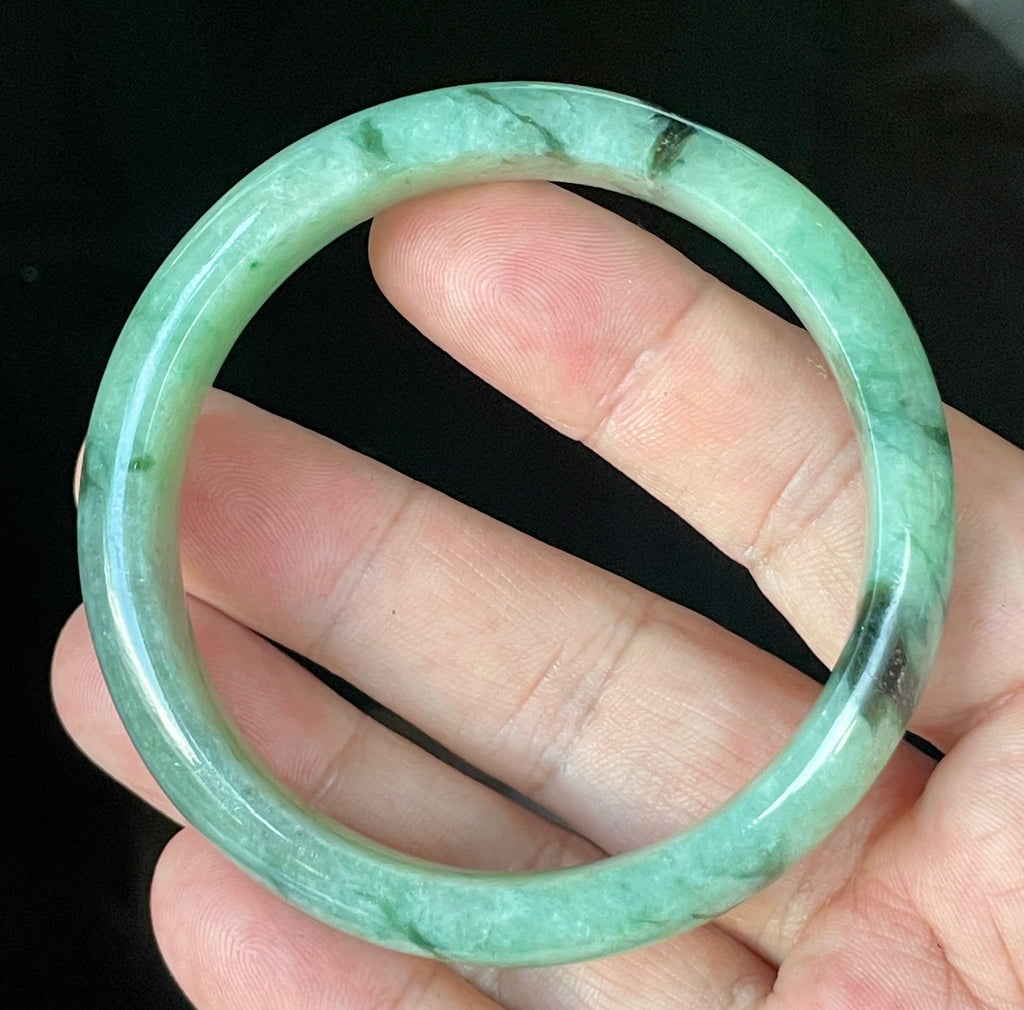 Natural Grade A Certified Burmese Jadeite Jade Bangle – Icy Apple & Imperial Green with Black & Greyish Milky White Hues – 57.5mm – JB911