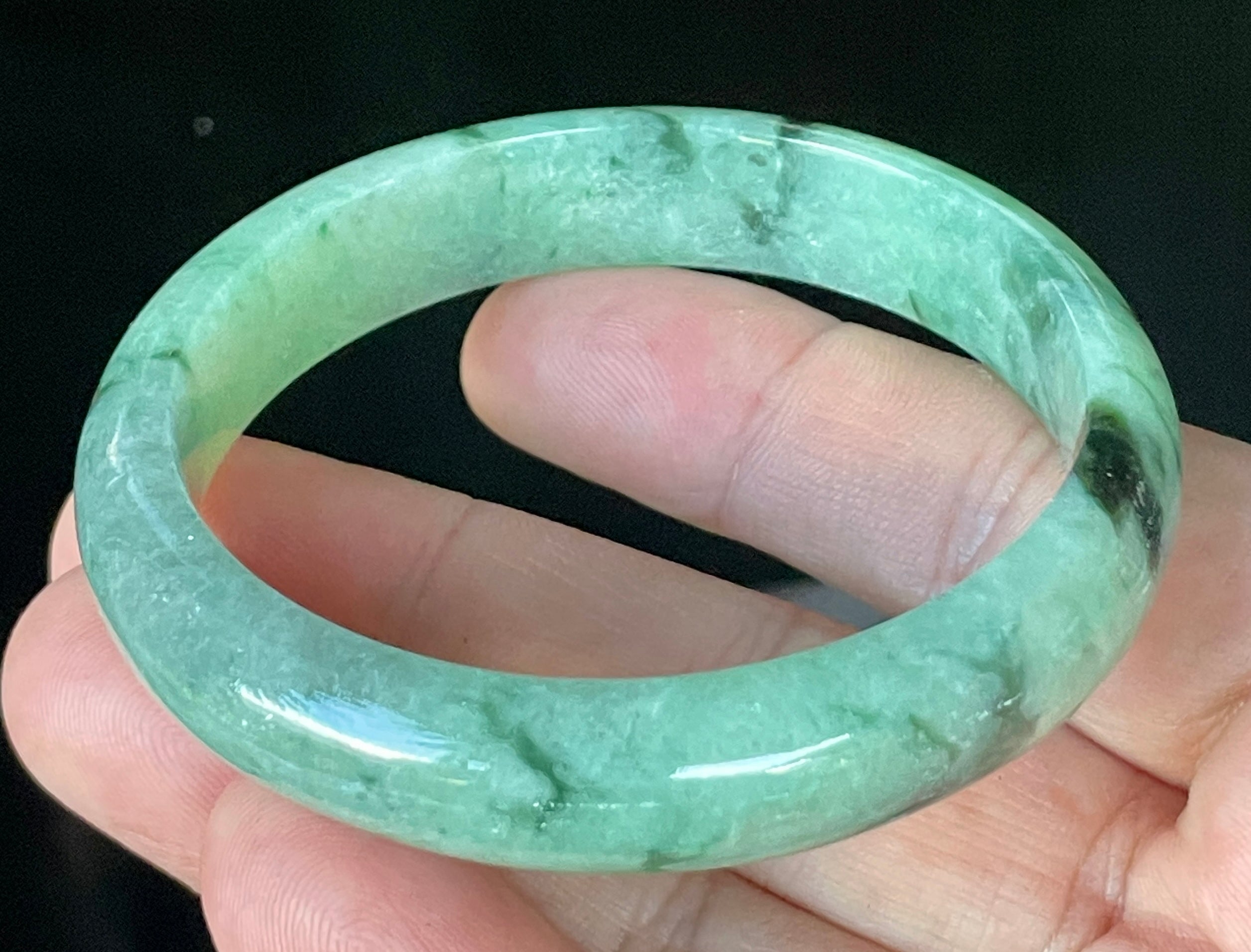 Natural Grade A Certified Burmese Jadeite Jade Bangle – Icy Apple & Imperial Green with Black & Greyish Milky White Hues – 57.5mm – JB911