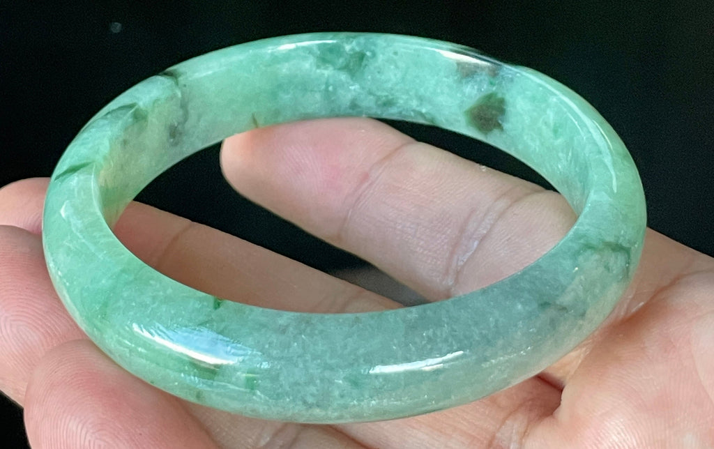 Natural Grade A Certified Burmese Jadeite Jade Bangle – Icy Apple & Imperial Green with Black & Greyish Milky White Hues – 57.5mm – JB911
