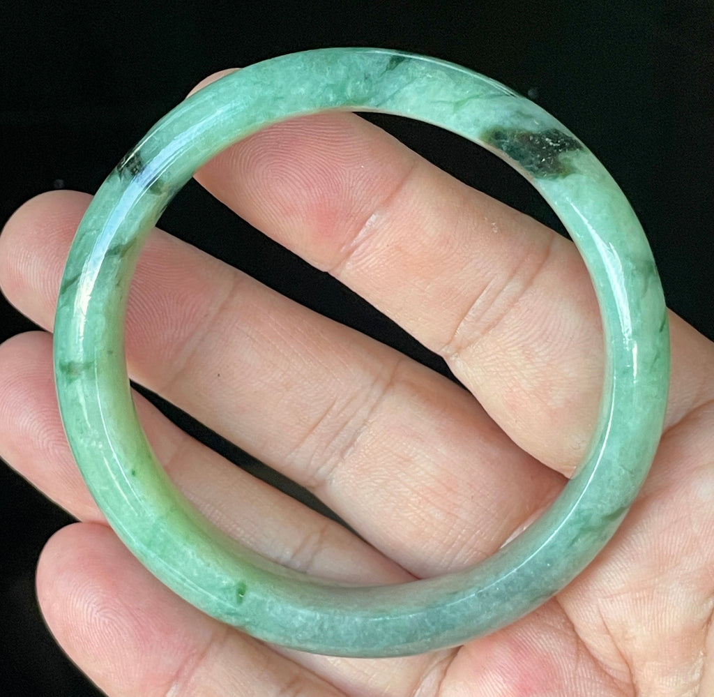 Natural Grade A Certified Burmese Jadeite Jade Bangle – Icy Apple & Imperial Green with Black & Greyish Milky White Hues – 57.5mm – JB911