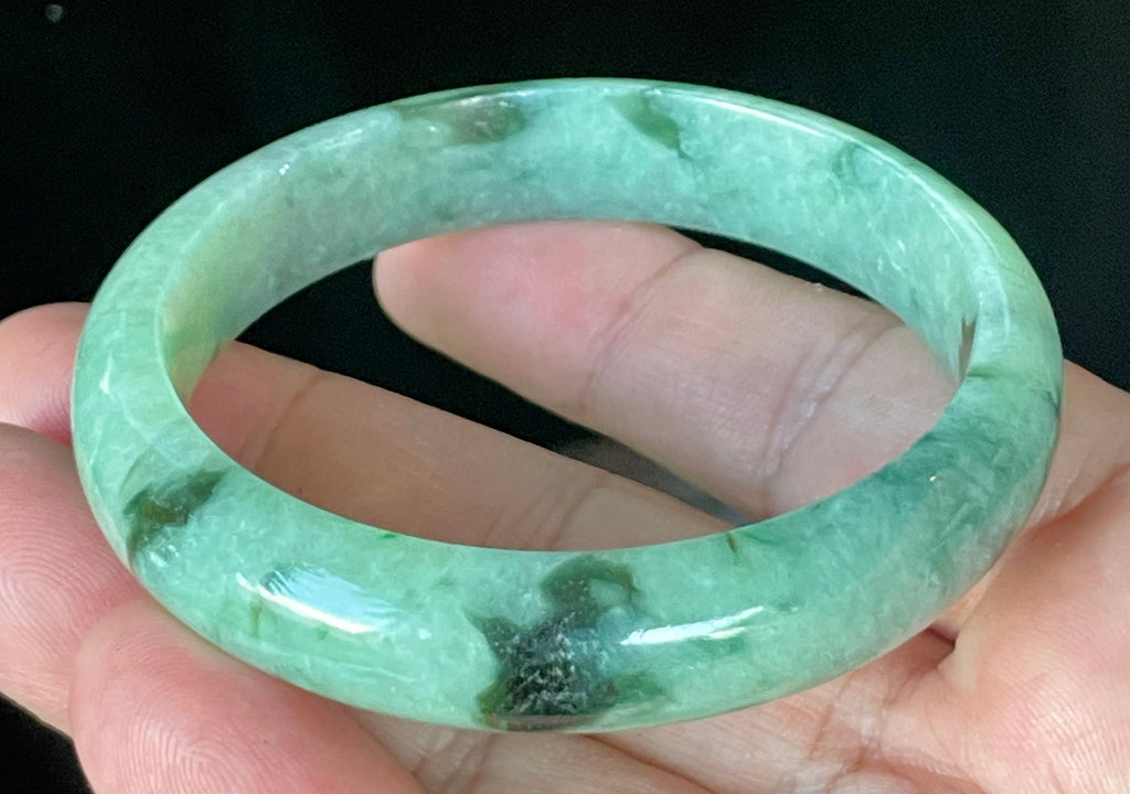 Natural Grade A Certified Burmese Jadeite Jade Bangle – Icy Apple & Imperial Green with Black & Greyish Milky White Hues – 57.5mm – JB911