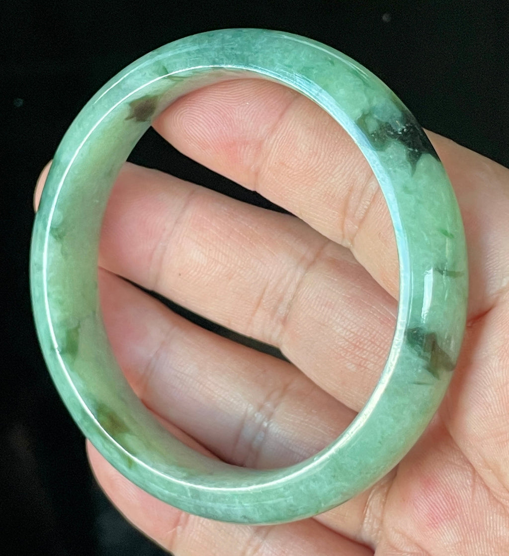 Natural Grade A Certified Burmese Jadeite Jade Bangle – Icy Apple & Imperial Green with Black & Greyish Milky White Hues – 57.5mm – JB911
