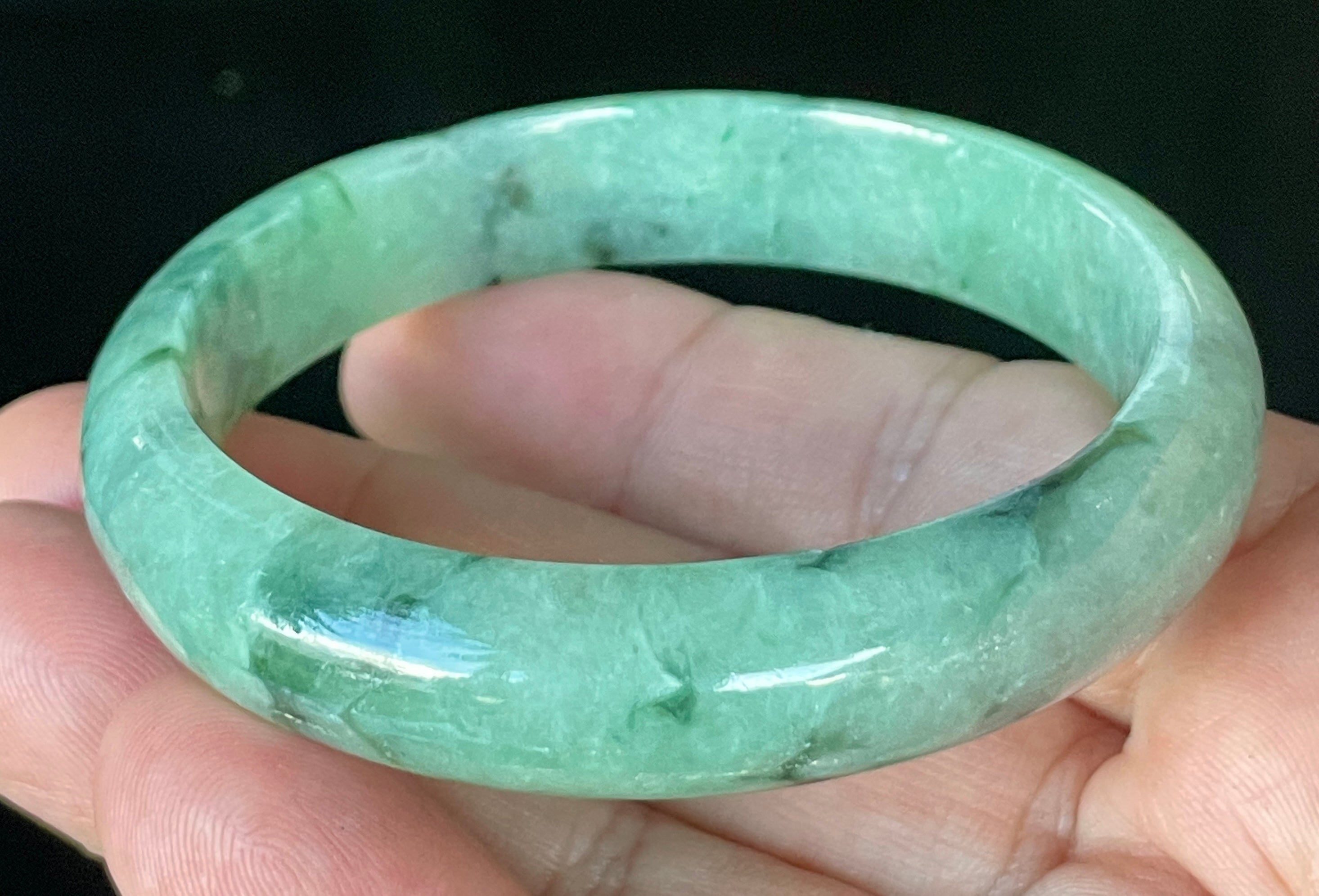 Natural Grade A Certified Burmese Jadeite Jade Bangle – Icy Apple & Imperial Green with Black & Greyish Milky White Hues – 57.5mm – JB911