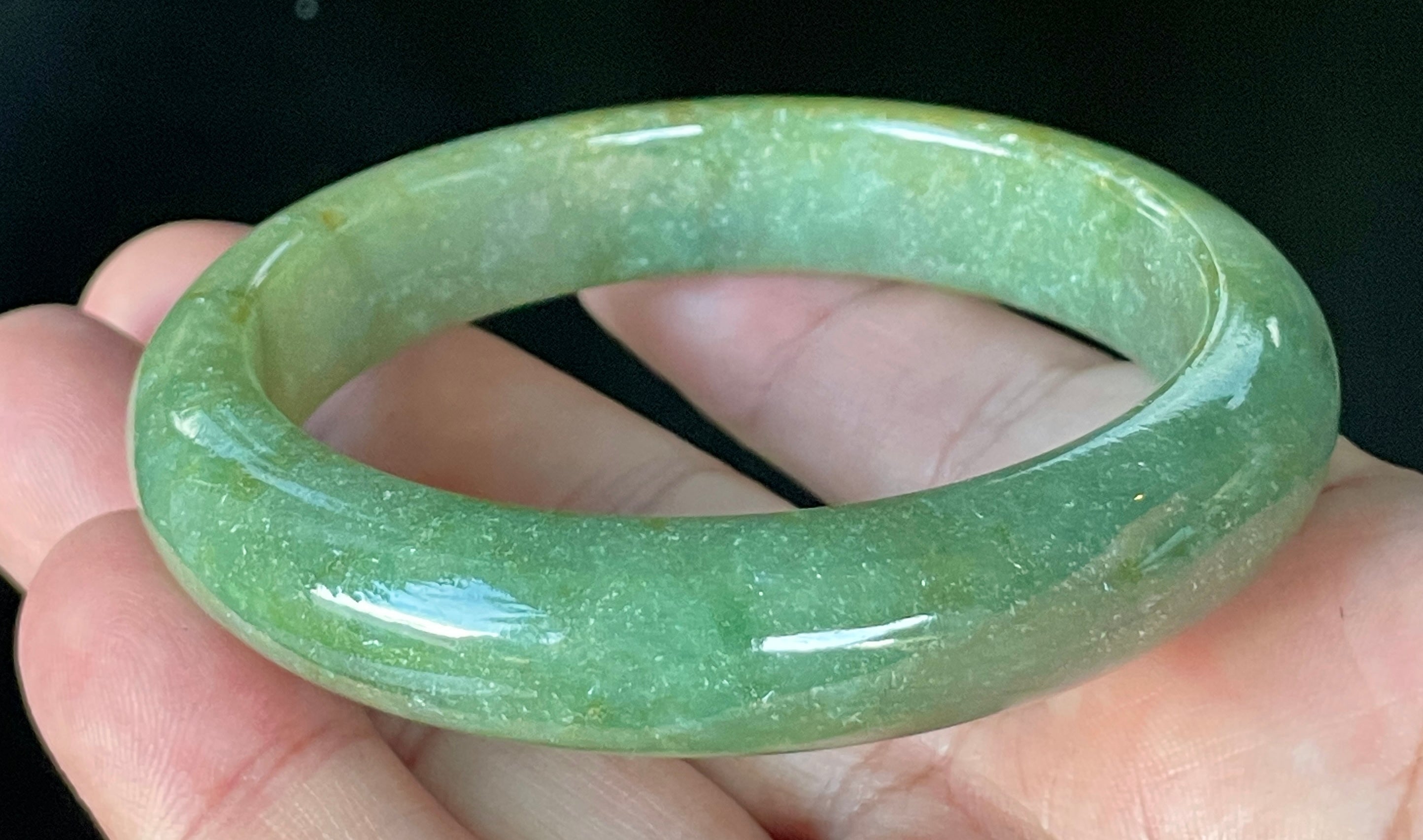 Natural Grade A Certified Burmese Jadeite Jade Bangle – Icy Apple Green with Milky White & Honey Hues – 57.6mm – JB916