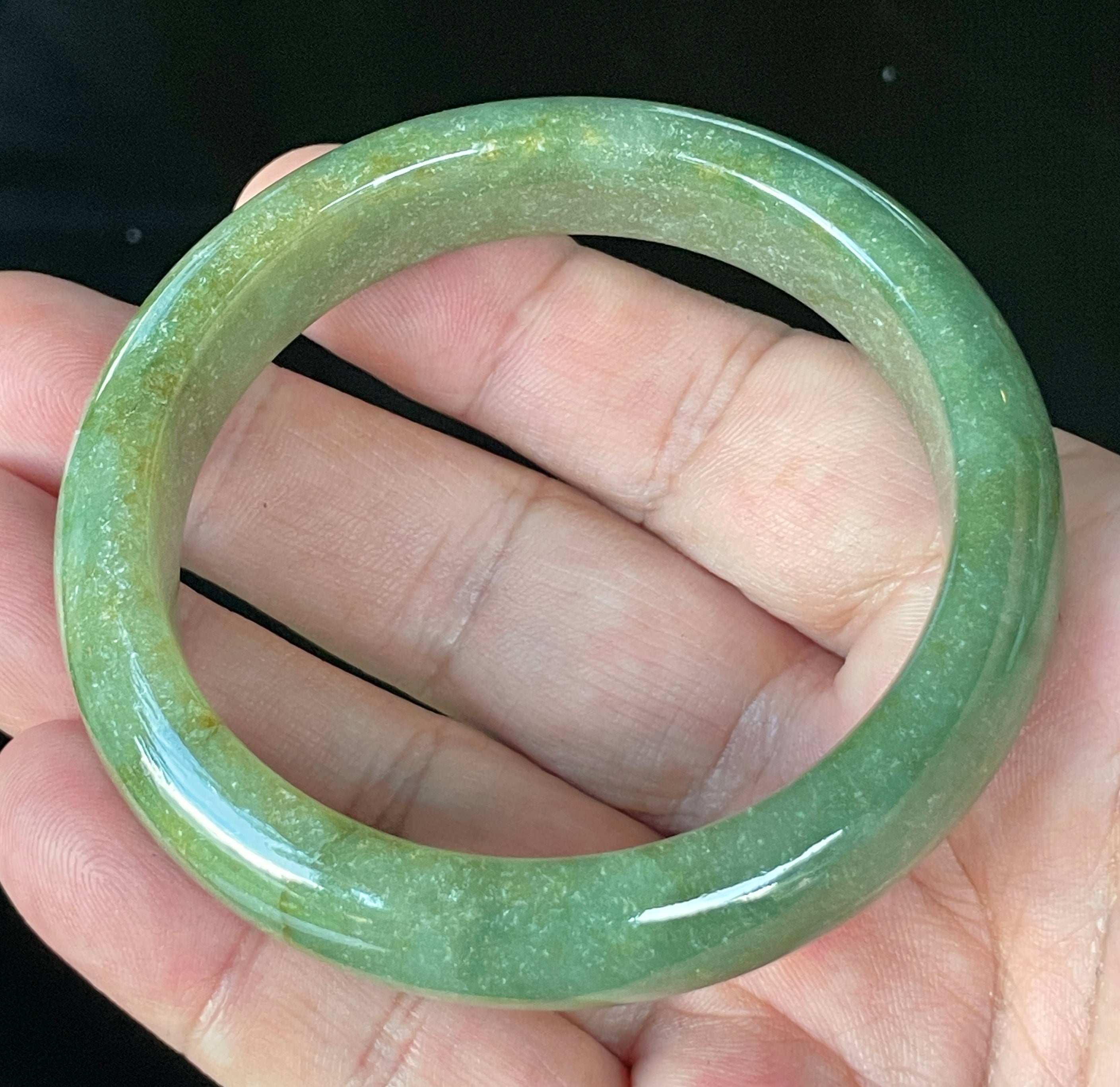 Natural Grade A Certified Burmese Jadeite Jade Bangle – Icy Apple Green with Milky White & Honey Hues – 57.6mm – JB916