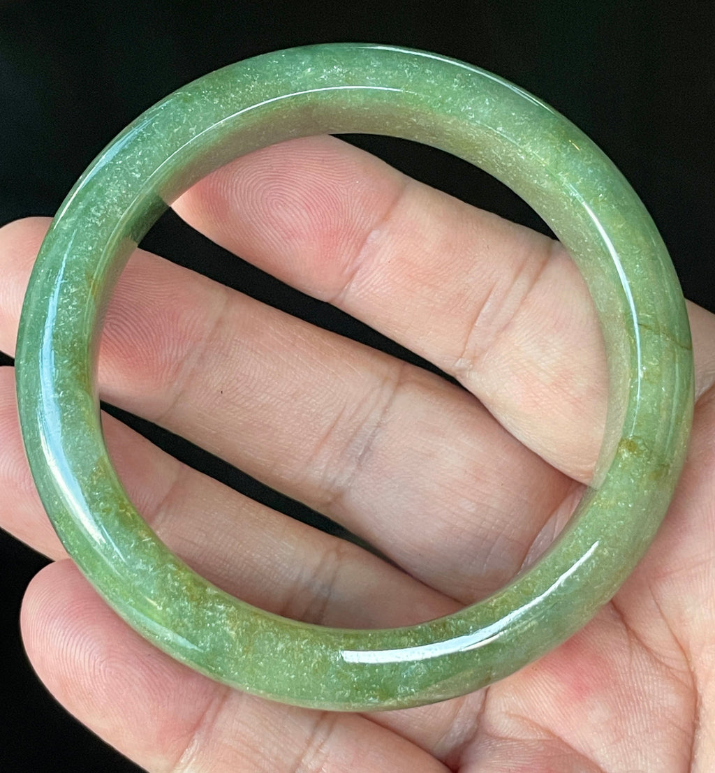 Natural Grade A Certified Burmese Jadeite Jade Bangle – Icy Apple Green with Milky White & Honey Hues – 57.6mm – JB916