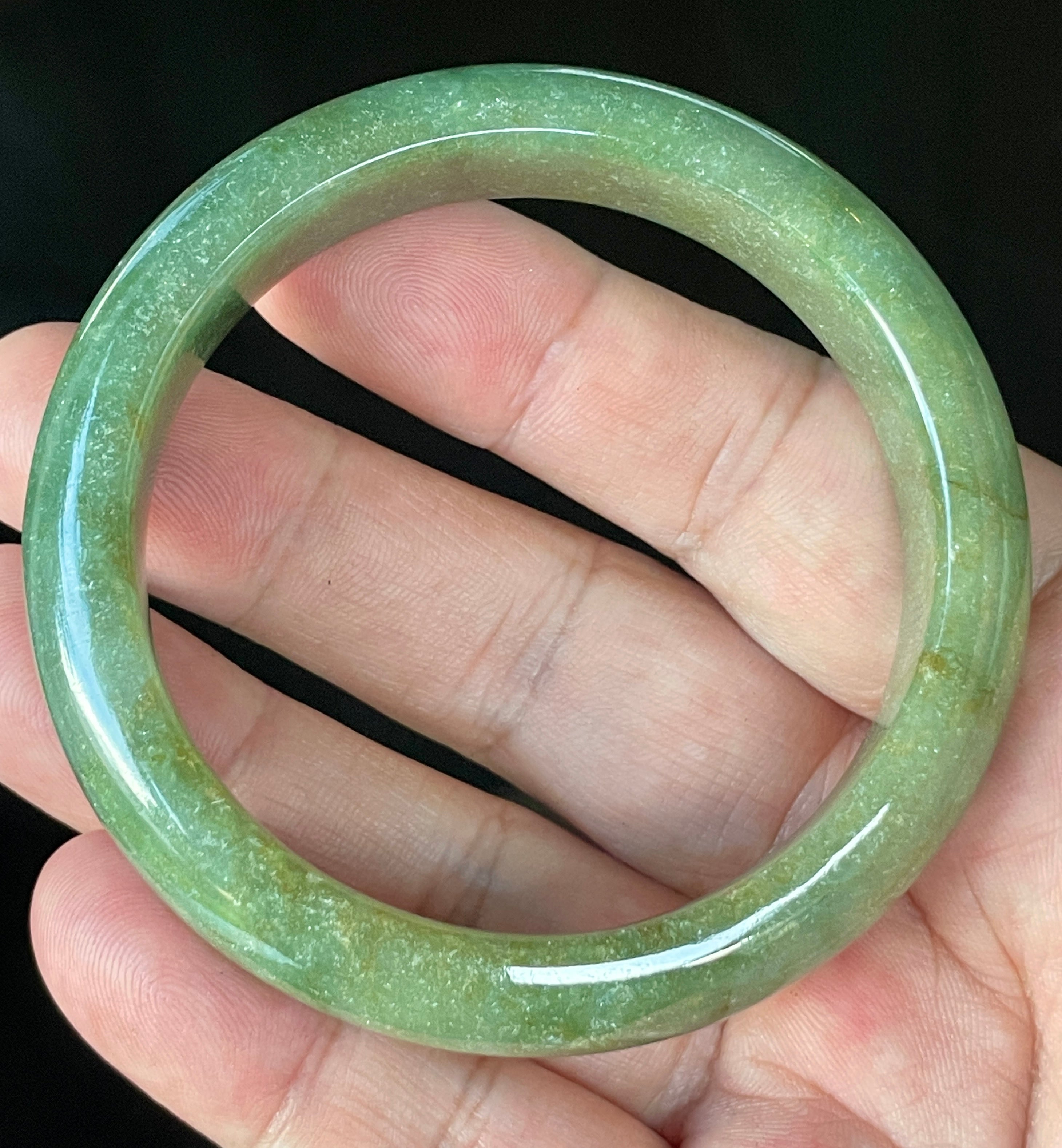 Natural Grade A Certified Burmese Jadeite Jade Bangle – Icy Apple Green with Milky White & Honey Hues – 57.6mm – JB916