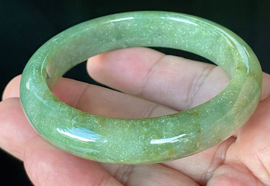 Natural Grade A Certified Burmese Jadeite Jade Bangle – Icy Apple Green with Milky White & Honey Hues – 57.6mm – JB916