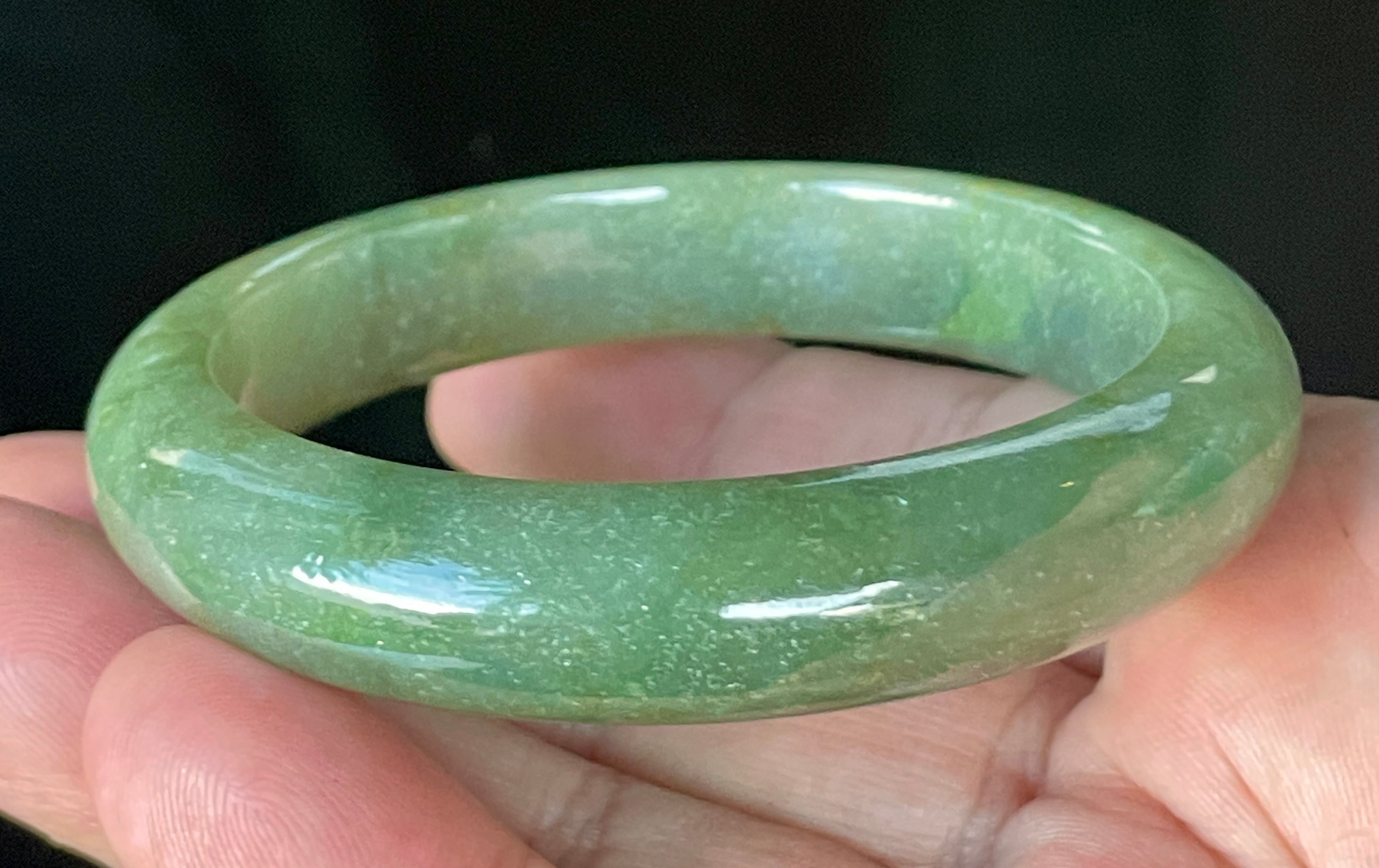 Natural Grade A Certified Burmese Jadeite Jade Bangle – Icy Apple Green with Milky White & Honey Hues – 57.6mm – JB916