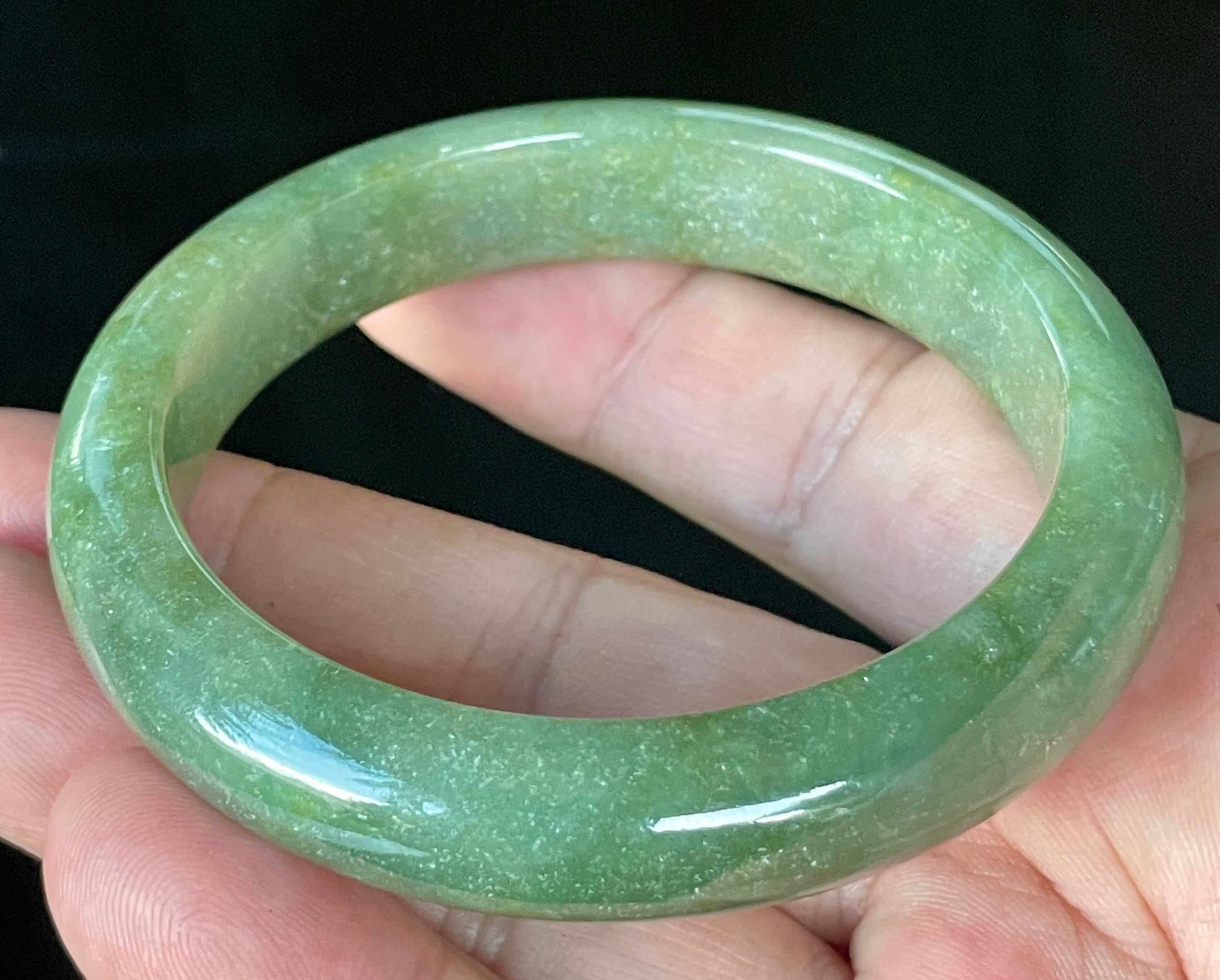 Natural Grade A Certified Burmese Jadeite Jade Bangle – Icy Apple Green with Milky White & Honey Hues – 57.6mm – JB916