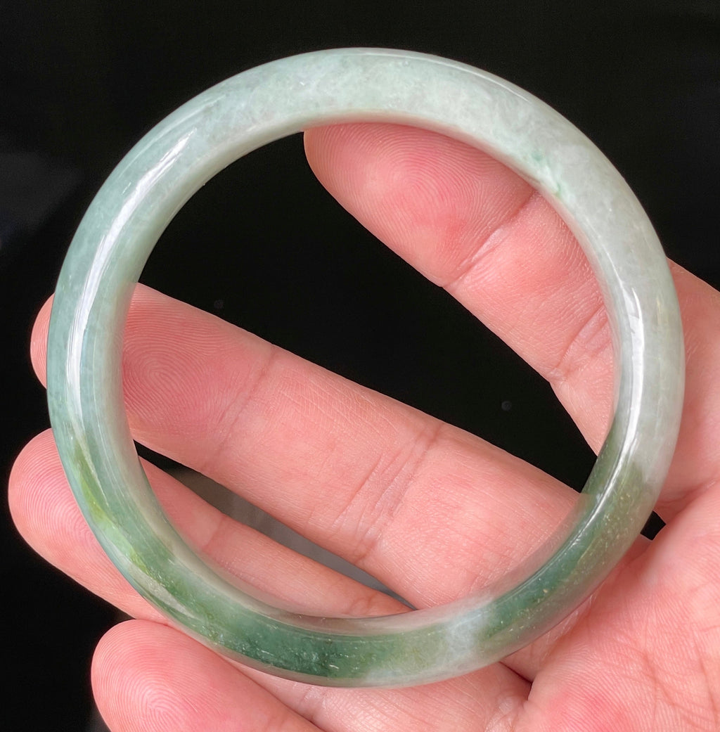 Natural Grade A Certified Burmese Jadeite Jade Bangle – Icy Greyish Milky White with Apple Green Hues – 58.5mm – JB039
