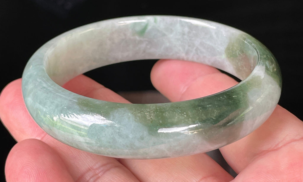 Natural Grade A Certified Burmese Jadeite Jade Bangle – Icy Greyish Milky White with Apple Green Hues – 58.5mm – JB039