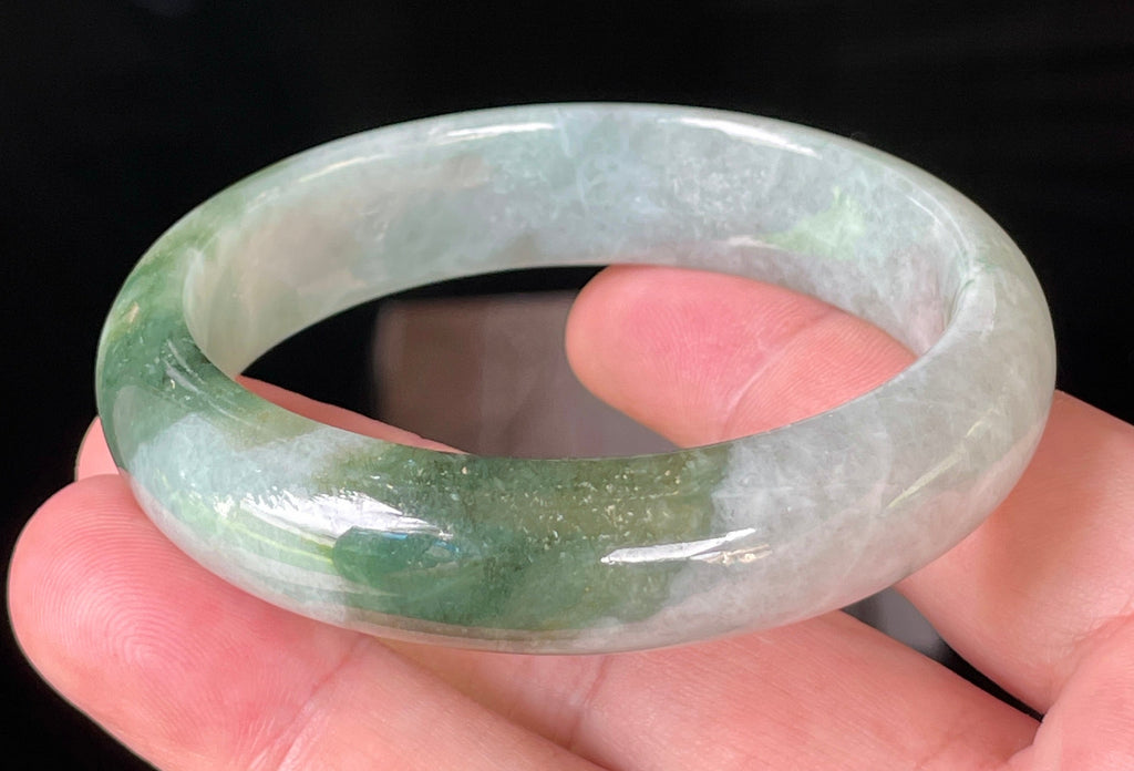 Natural Grade A Certified Burmese Jadeite Jade Bangle – Icy Greyish Milky White with Apple Green Hues – 58.5mm – JB039