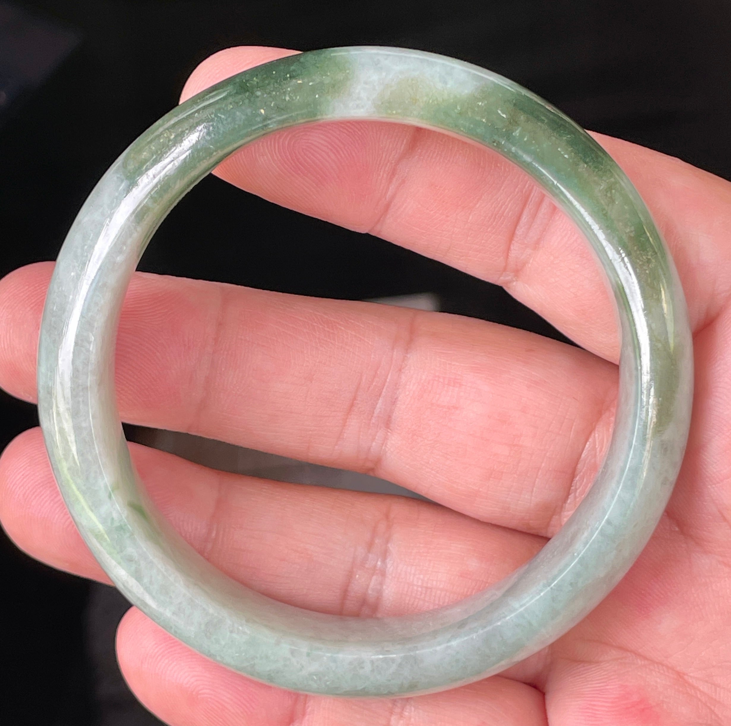 Natural Grade A Certified Burmese Jadeite Jade Bangle – Icy Greyish Milky White with Apple Green Hues – 58.5mm – JB039