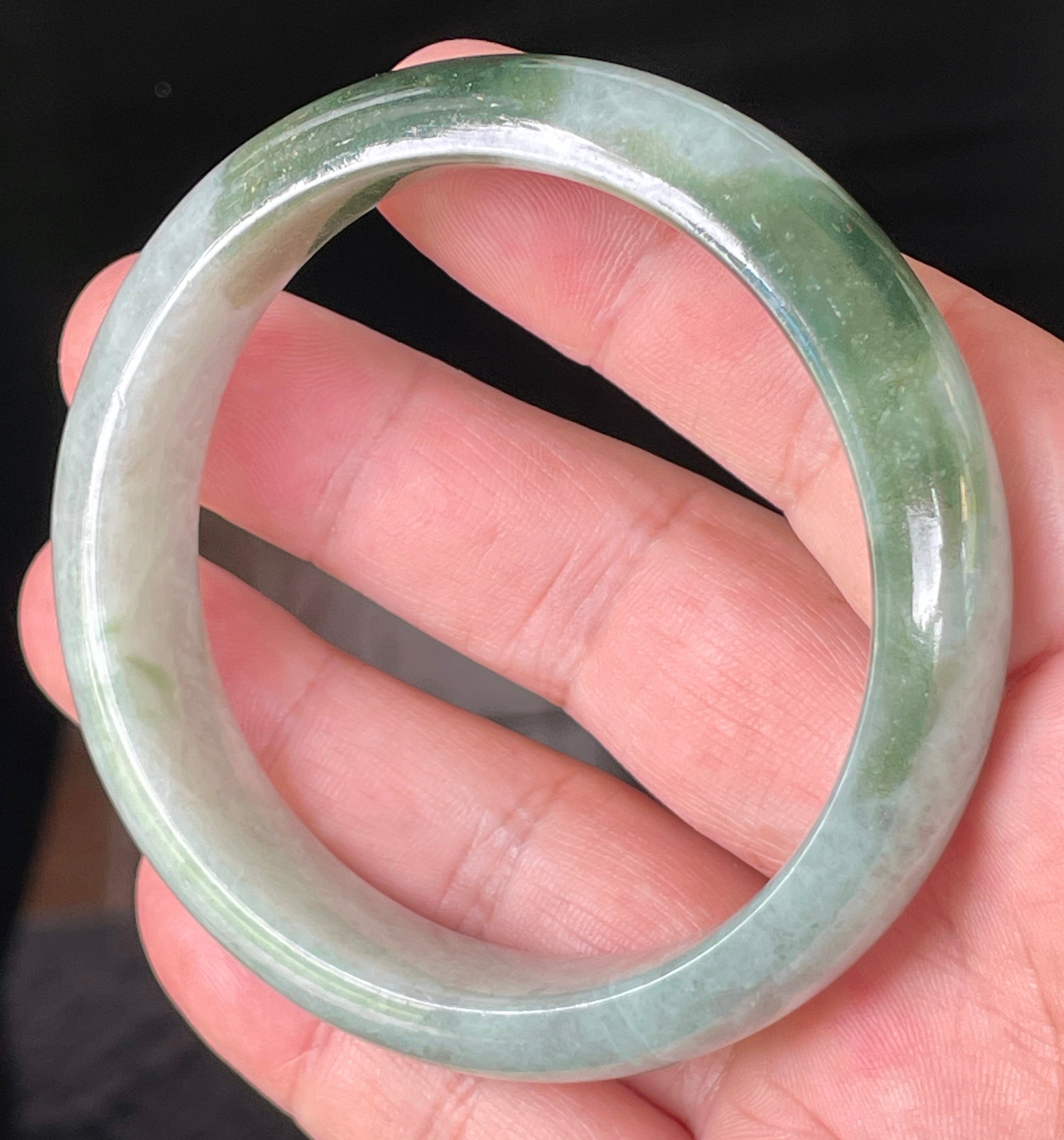 Natural Grade A Certified Burmese Jadeite Jade Bangle – Icy Greyish Milky White with Apple Green Hues – 58.5mm – JB039