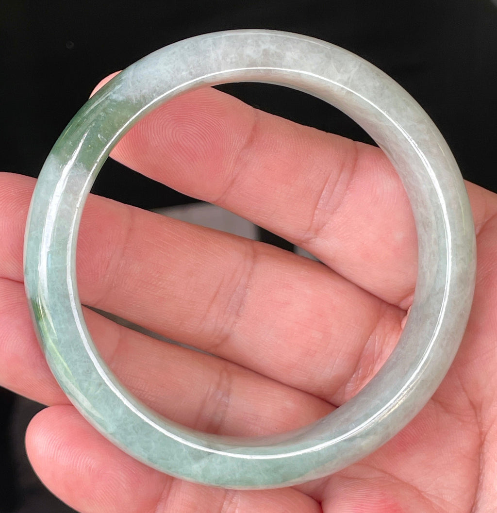 Natural Grade A Certified Burmese Jadeite Jade Bangle – Icy Greyish Milky White with Apple Green Hues – 58.5mm – JB039