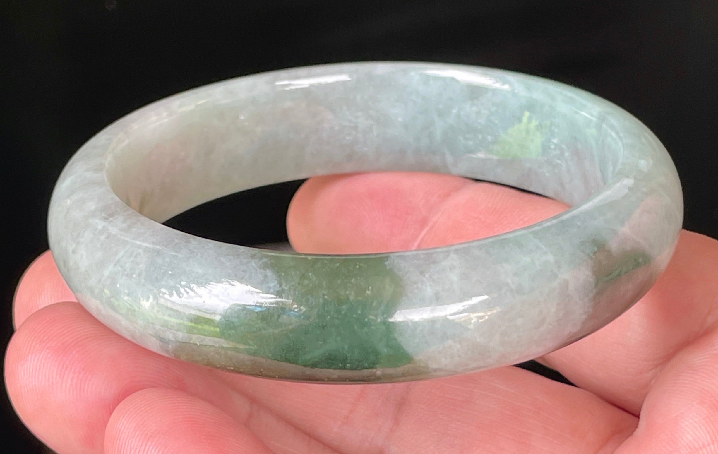 Natural Grade A Certified Burmese Jadeite Jade Bangle – Icy Greyish Milky White with Apple Green Hues – 58.5mm – JB039