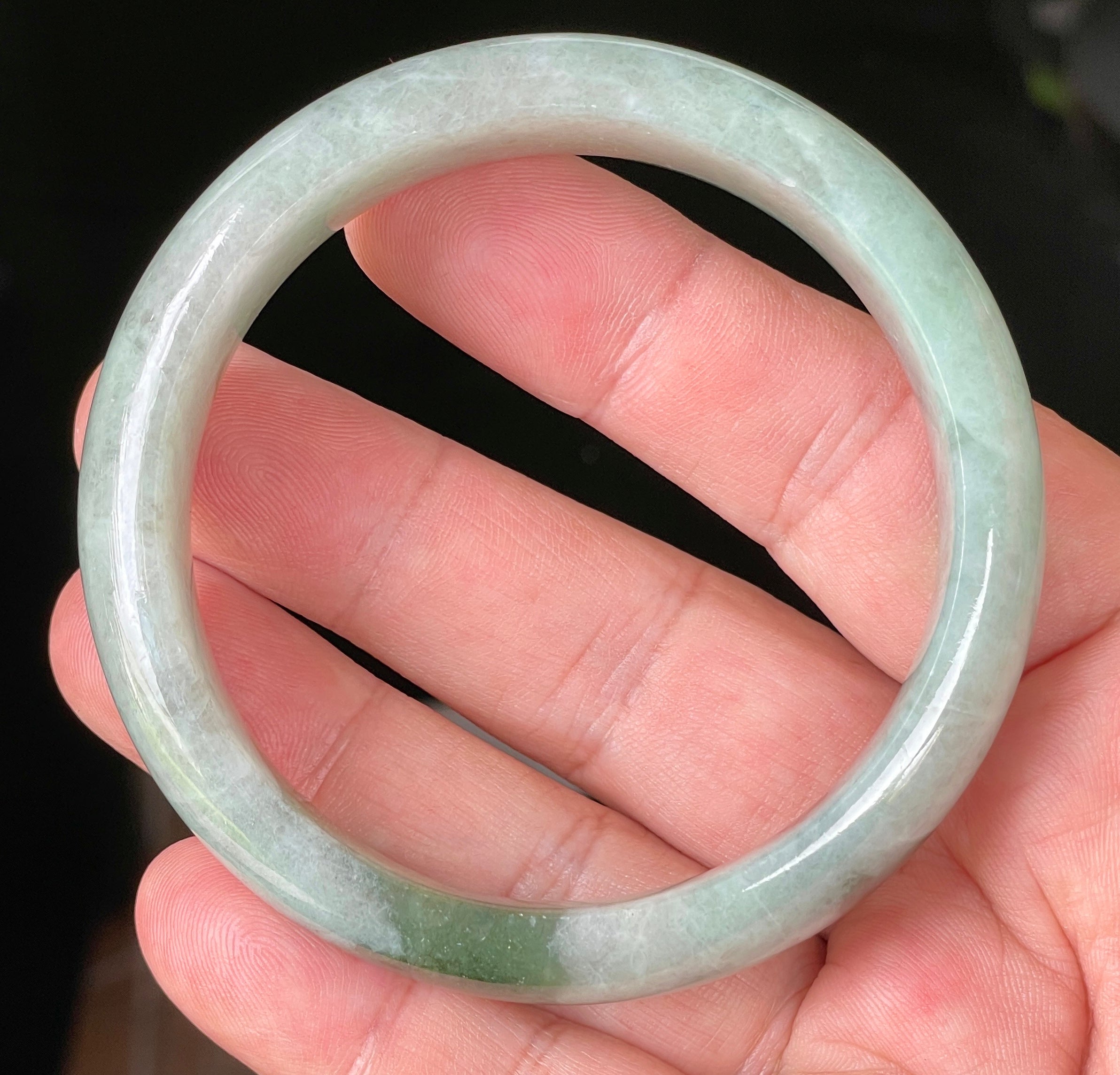 Natural Grade A Certified Burmese Jadeite Jade Bangle – Icy Greyish Milky White with Apple Green Hues – 58.5mm – JB039