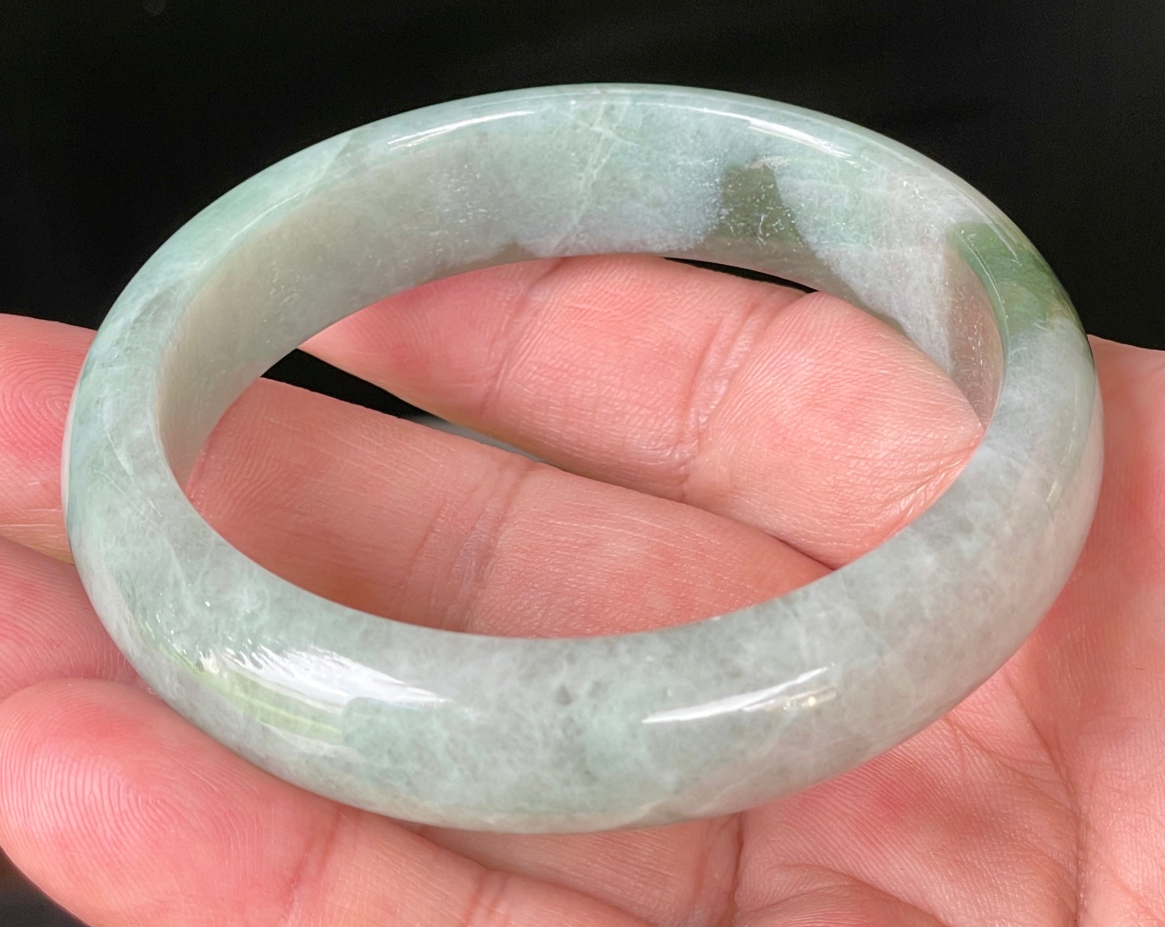 Natural Grade A Certified Burmese Jadeite Jade Bangle – Icy Greyish Milky White with Apple Green Hues – 58.5mm – JB039