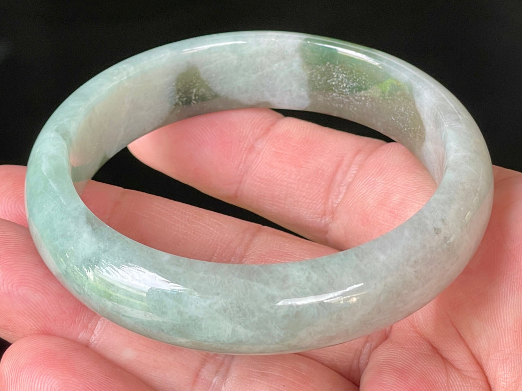Natural Grade A Certified Burmese Jadeite Jade Bangle – Icy Greyish Milky White with Apple Green Hues – 58.5mm – JB039