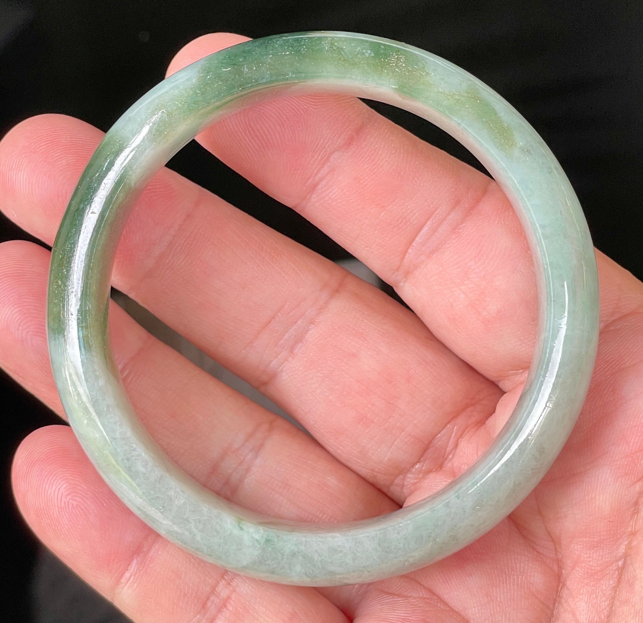 Natural Grade A Certified Burmese Jadeite Jade Bangle – Icy Greyish Milky White with Apple Green Hues – 58.5mm – JB039