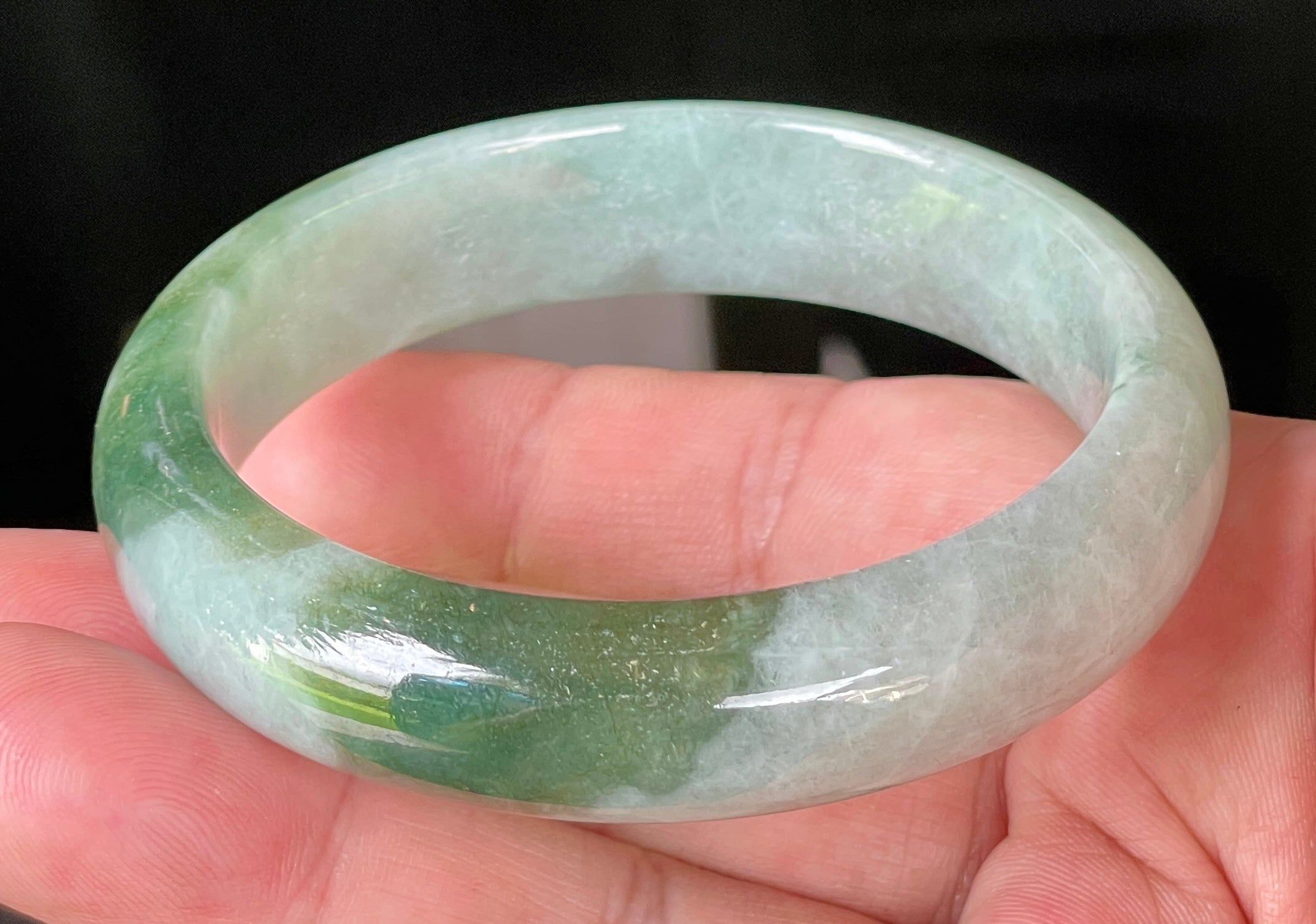 Natural Grade A Certified Burmese Jadeite Jade Bangle – Icy Greyish Milky White with Apple Green Hues – 58.5mm – JB039