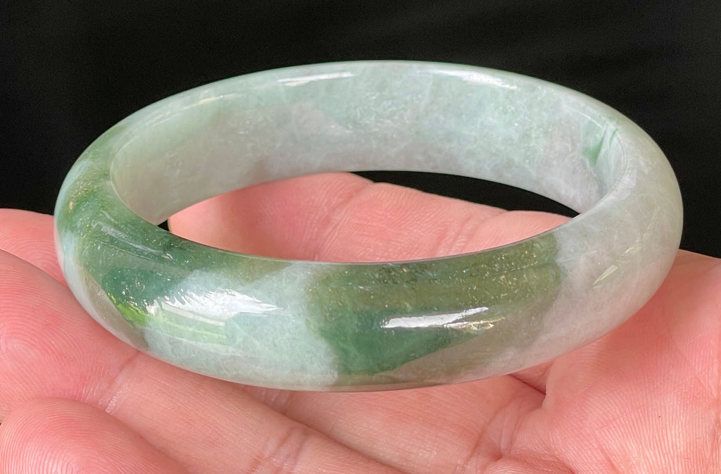 Natural Grade A Certified Burmese Jadeite Jade Bangle – Icy Greyish Milky White with Apple Green Hues – 58.5mm – JB039