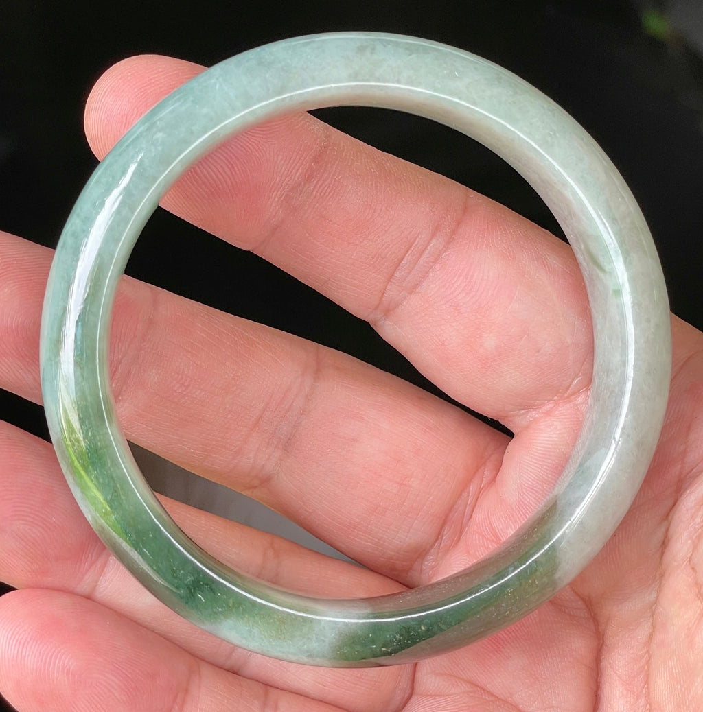 Natural Grade A Certified Burmese Jadeite Jade Bangle – Icy Greyish Milky White with Apple Green Hues – 58.5mm – JB039