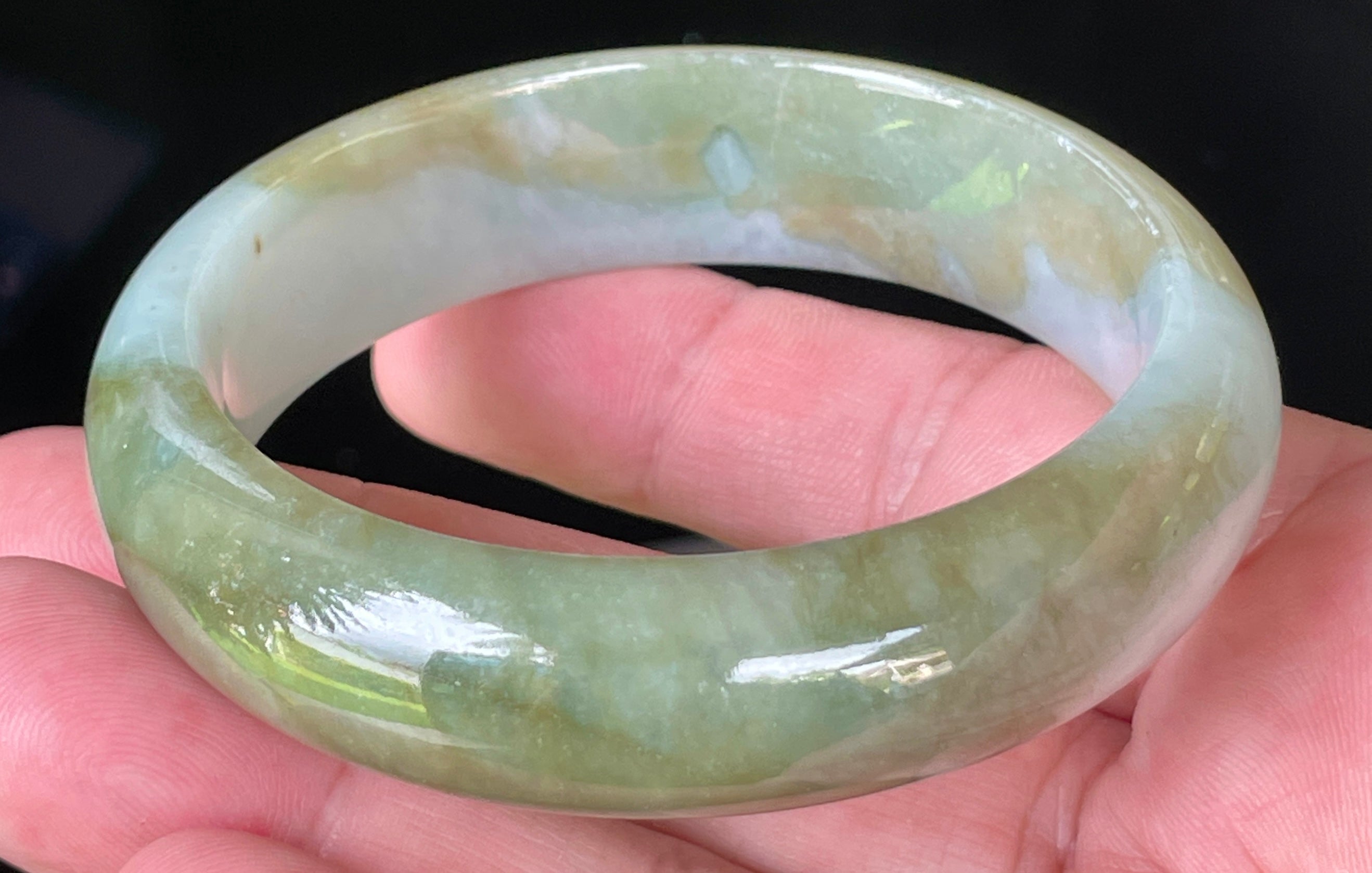 Natural Grade A Certified Burmese Jadeite Jade Bangle – Apple & Moss Green with Bluish Milky White Hues – 57.5mm – JB032