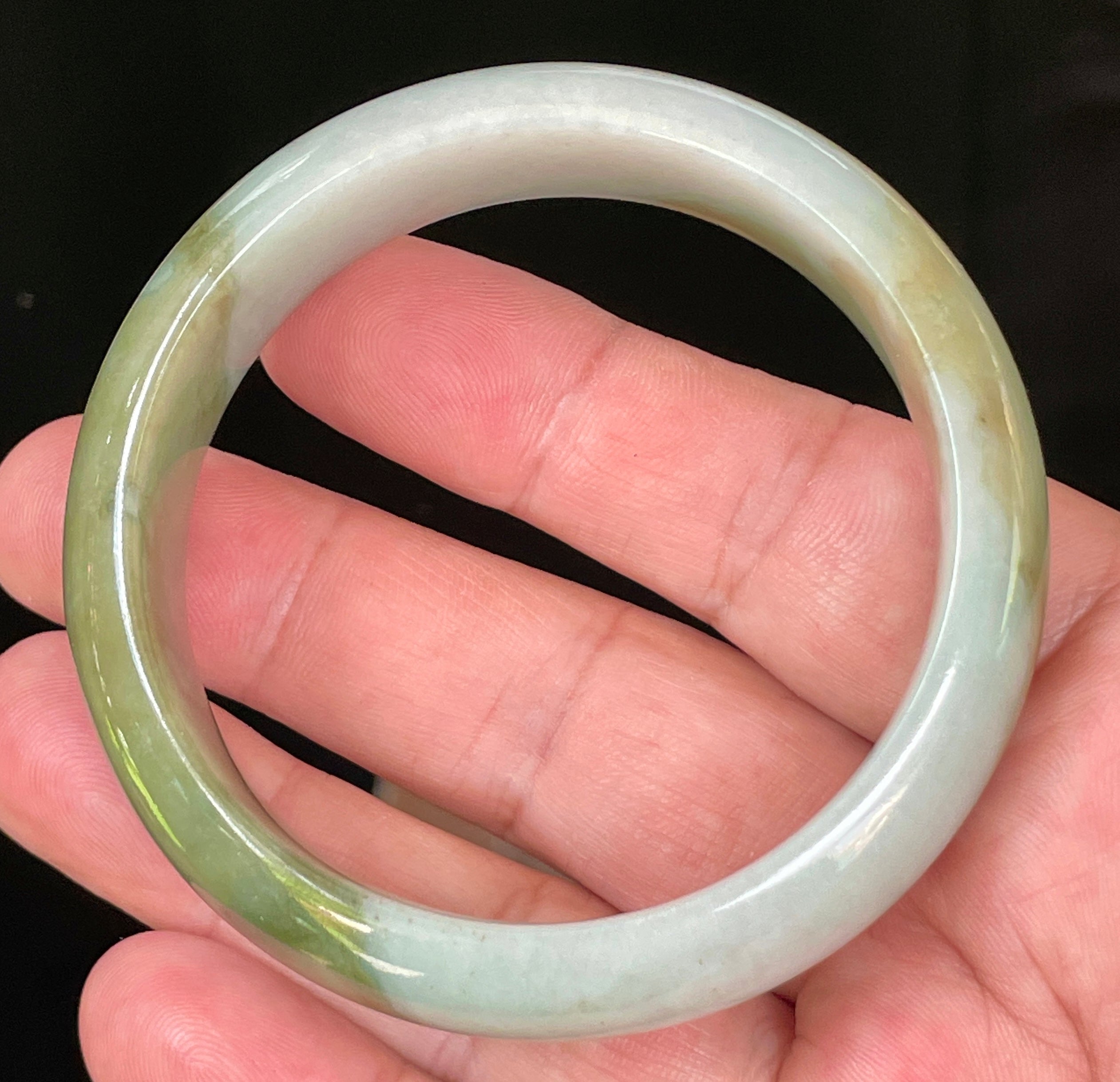 Natural Grade A Certified Burmese Jadeite Jade Bangle – Apple & Moss Green with Bluish Milky White Hues – 57.5mm – JB032