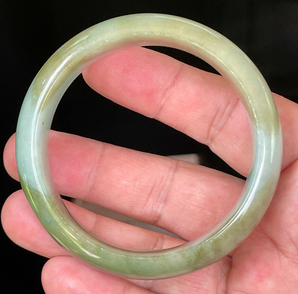 Natural Grade A Certified Burmese Jadeite Jade Bangle – Apple & Moss Green with Bluish Milky White Hues – 57.5mm – JB032