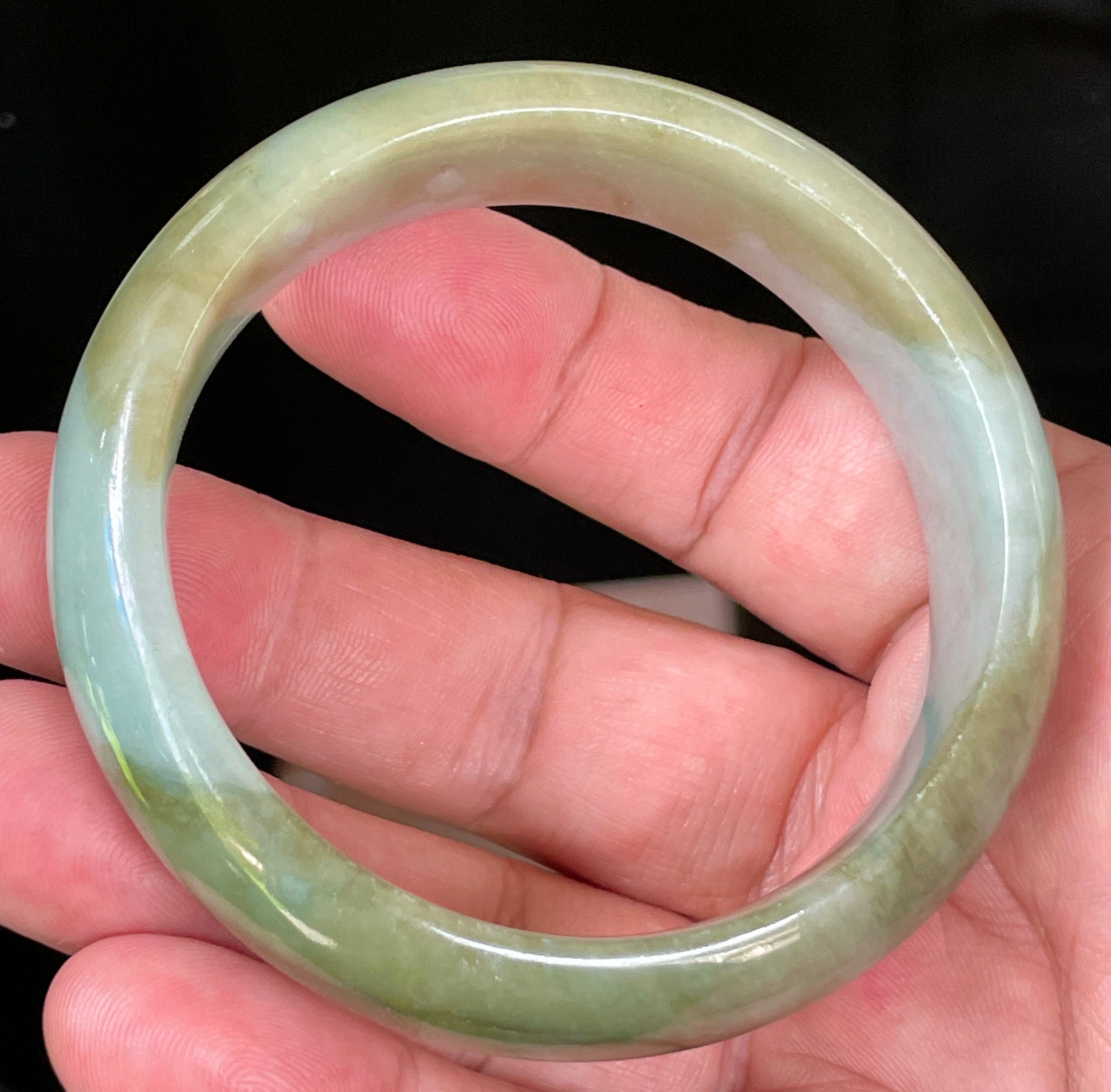 Natural Grade A Certified Burmese Jadeite Jade Bangle – Apple & Moss Green with Bluish Milky White Hues – 57.5mm – JB032