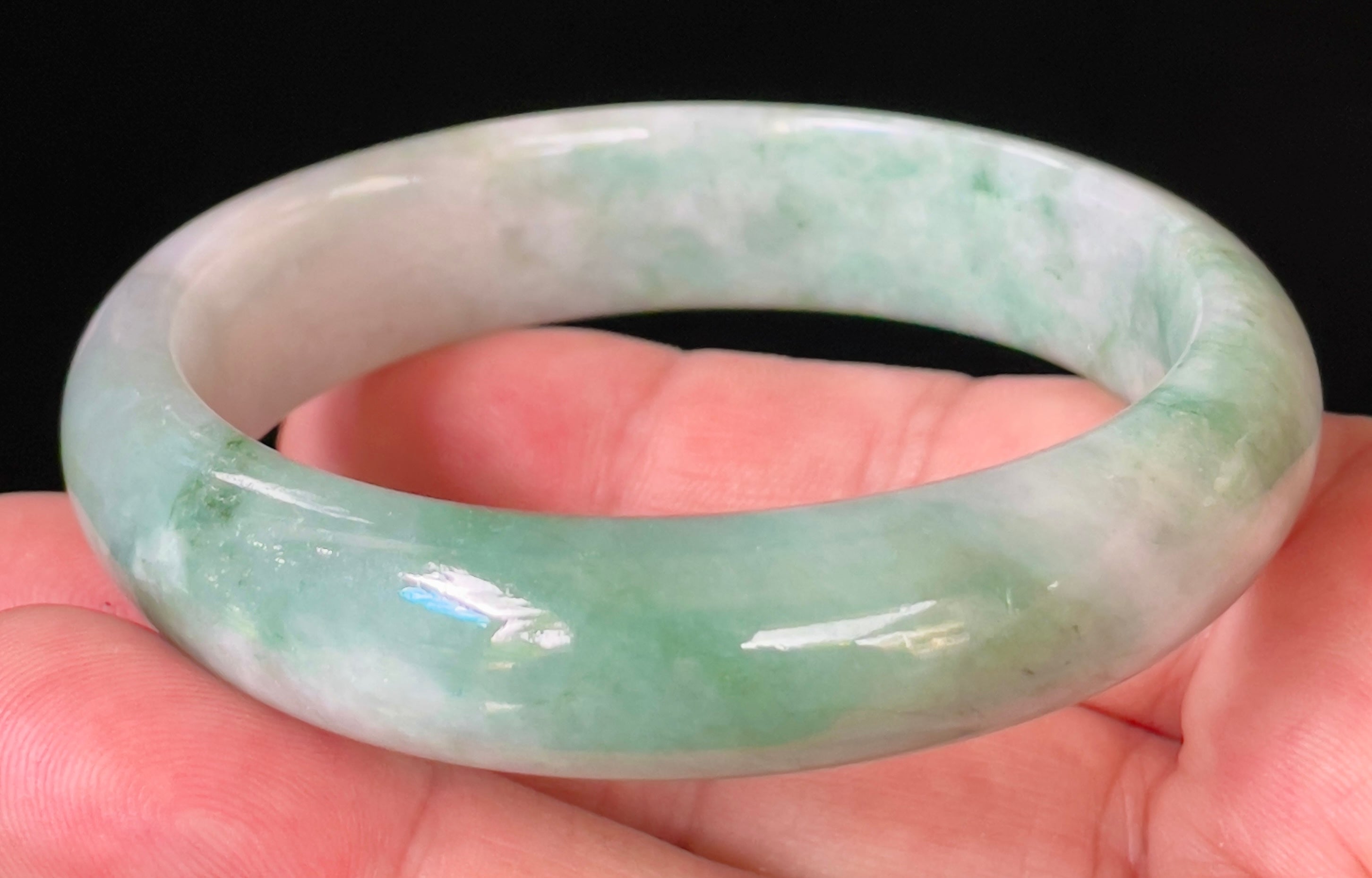 Natural Grade A Certified Burmese Jadeite Jade Bangle – Icy Imperial Green with Greyish Milky White Hues – 58mm – JB004