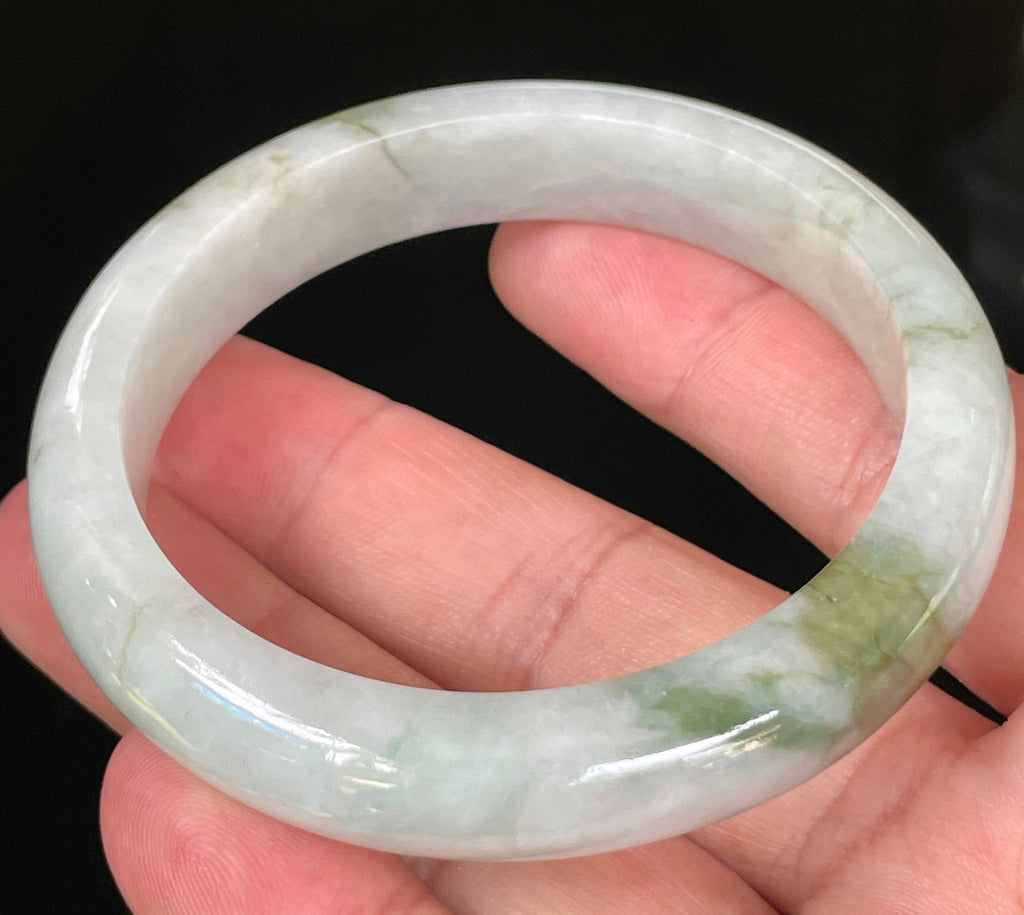 Natural Grade A Certified Burmese Jadeite Jade Bangle – Icy Apple & Moss Green with Light Greyish Milky White Hues – 57.5mm – JB025