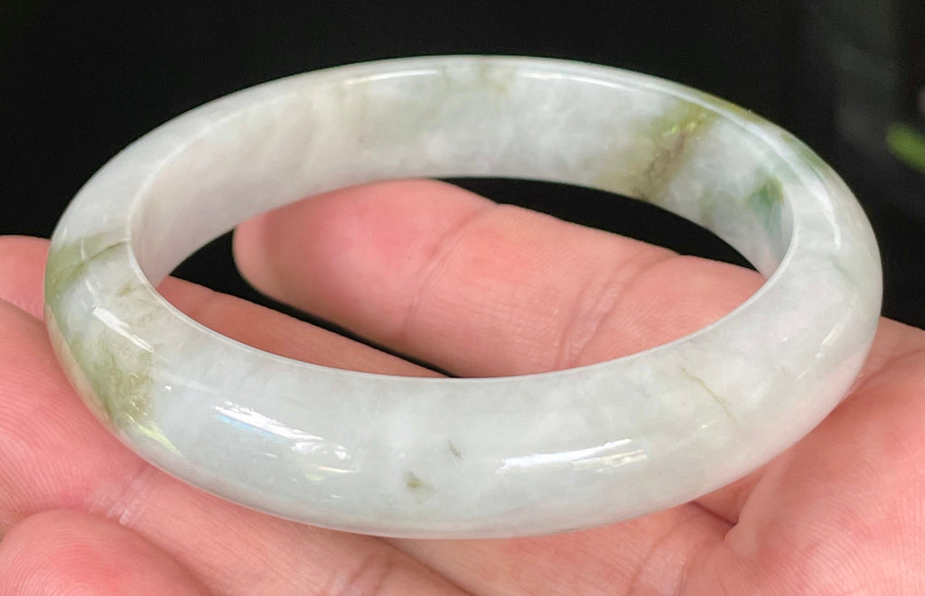 Natural Grade A Certified Burmese Jadeite Jade Bangle – Icy Apple & Moss Green with Light Greyish Milky White Hues – 57.5mm – JB025