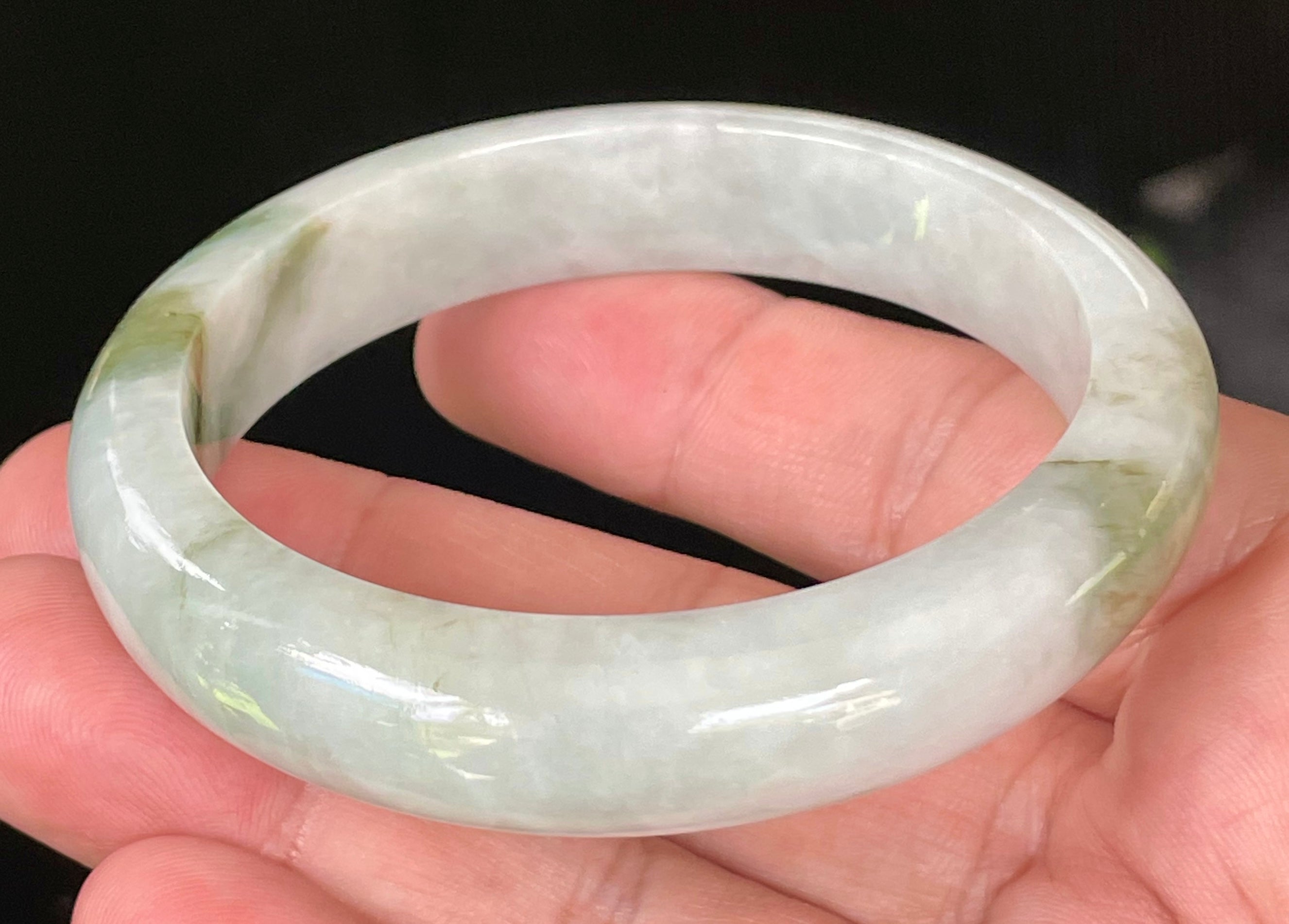 Natural Grade A Certified Burmese Jadeite Jade Bangle – Icy Apple & Moss Green with Light Greyish Milky White Hues – 57.5mm – JB025