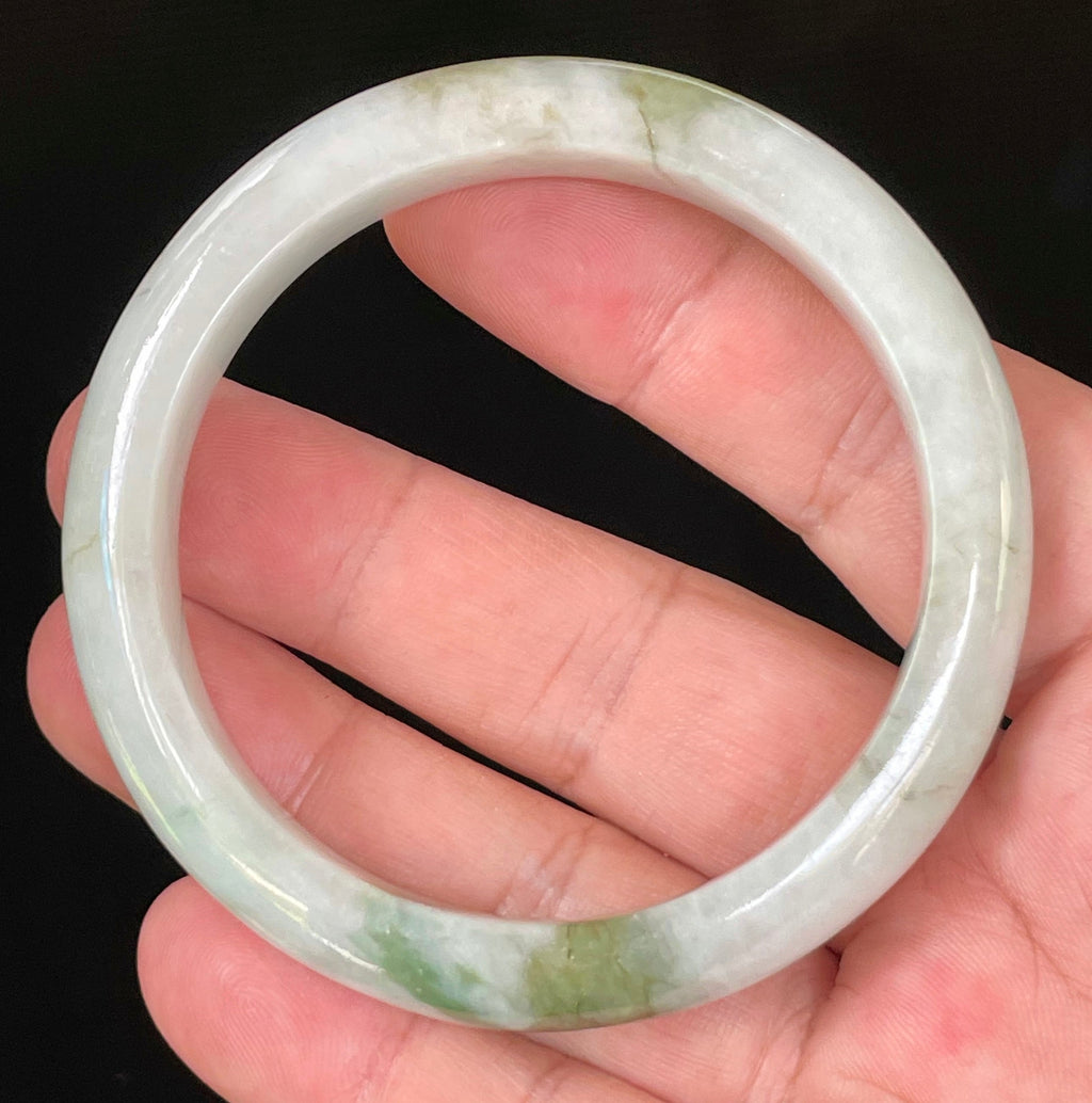 Natural Grade A Certified Burmese Jadeite Jade Bangle – Icy Apple & Moss Green with Light Greyish Milky White Hues – 57.5mm – JB025