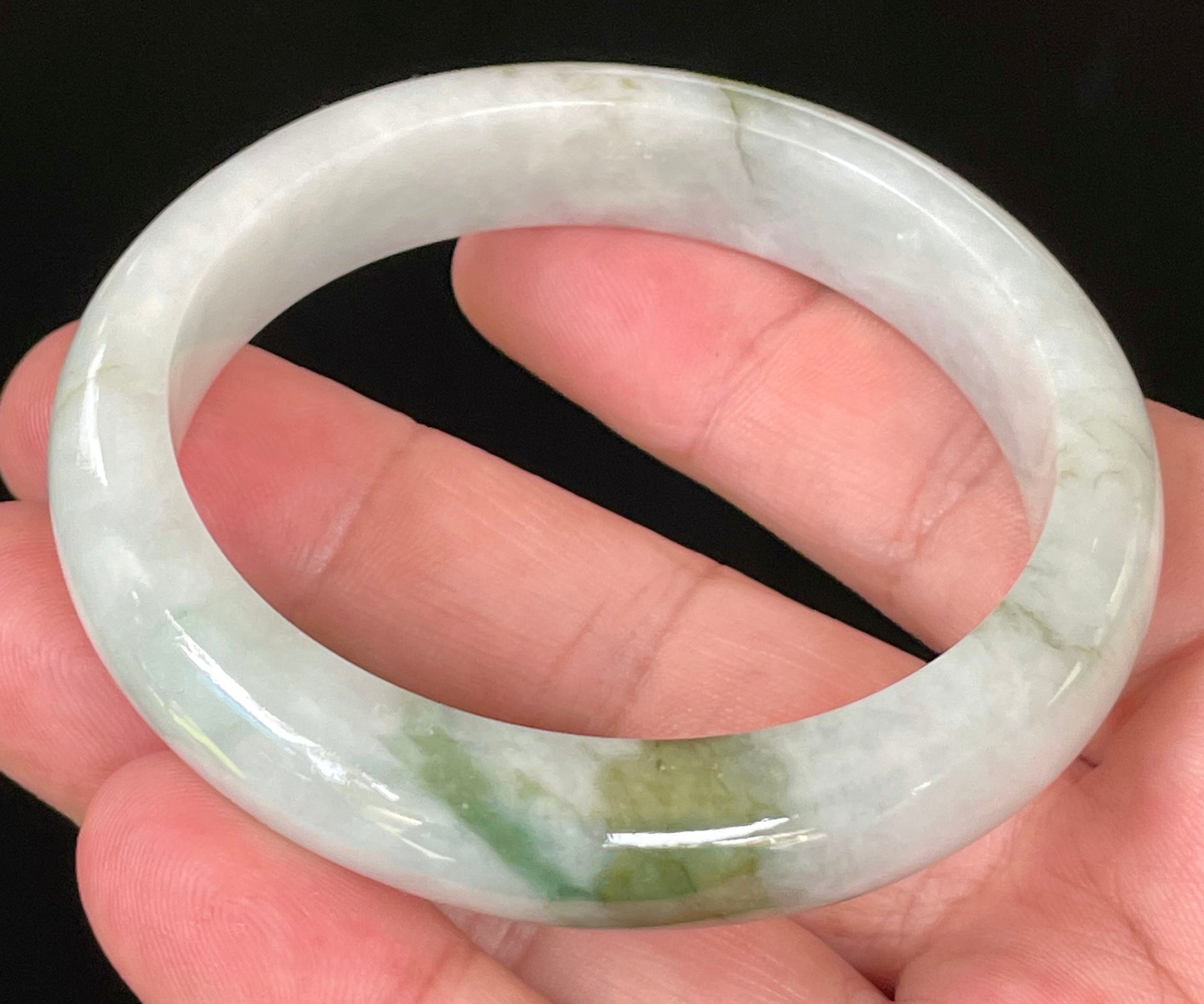 Natural Grade A Certified Burmese Jadeite Jade Bangle – Icy Apple & Moss Green with Light Greyish Milky White Hues – 57.5mm – JB025
