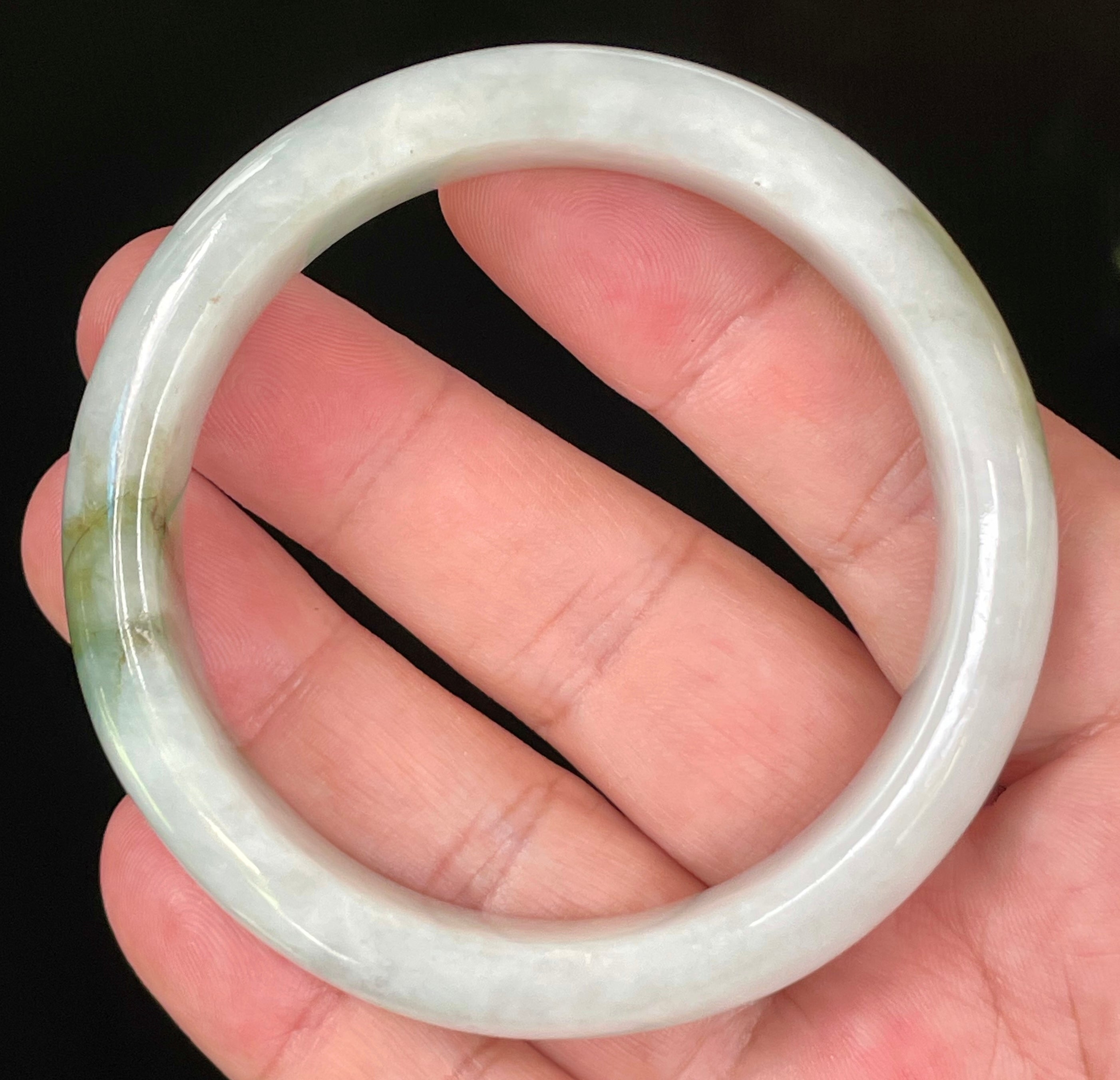 Natural Grade A Certified Burmese Jadeite Jade Bangle – Icy Apple & Moss Green with Light Greyish Milky White Hues – 57.5mm – JB025