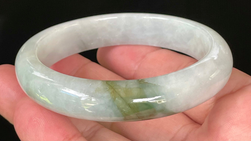 Natural Grade A Certified Burmese Jadeite Jade Bangle – Icy Apple & Moss Green with Light Greyish Milky White Hues – 57.5mm – JB025