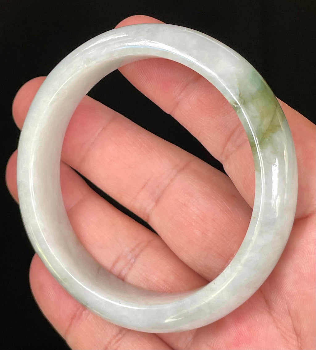 Natural Grade A Certified Burmese Jadeite Jade Bangle – Icy Apple & Moss Green with Light Greyish Milky White Hues – 57.5mm – JB025