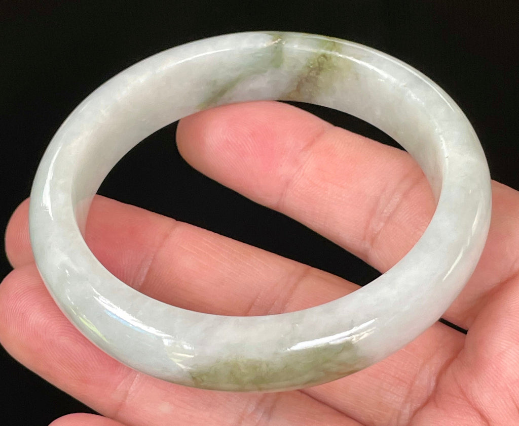 Natural Grade A Certified Burmese Jadeite Jade Bangle – Icy Apple & Moss Green with Light Greyish Milky White Hues – 57.5mm – JB025