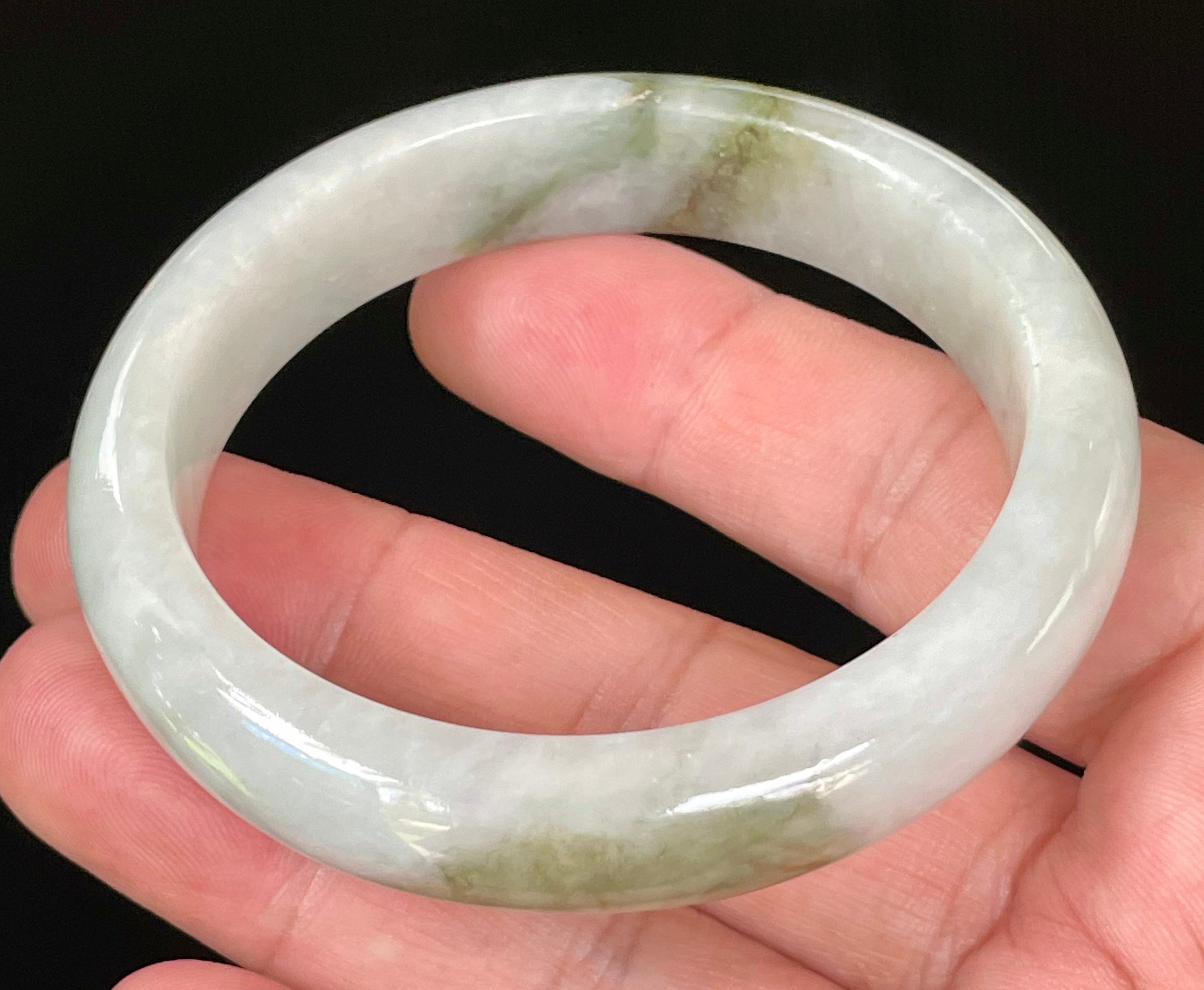 Natural Grade A Certified Burmese Jadeite Jade Bangle – Icy Apple & Moss Green with Light Greyish Milky White Hues – 57.5mm – JB025