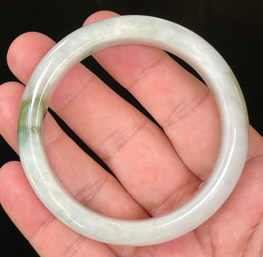 Natural Grade A Certified Burmese Jadeite Jade Bangle – Icy Apple & Moss Green with Light Greyish Milky White Hues – 57.5mm – JB025