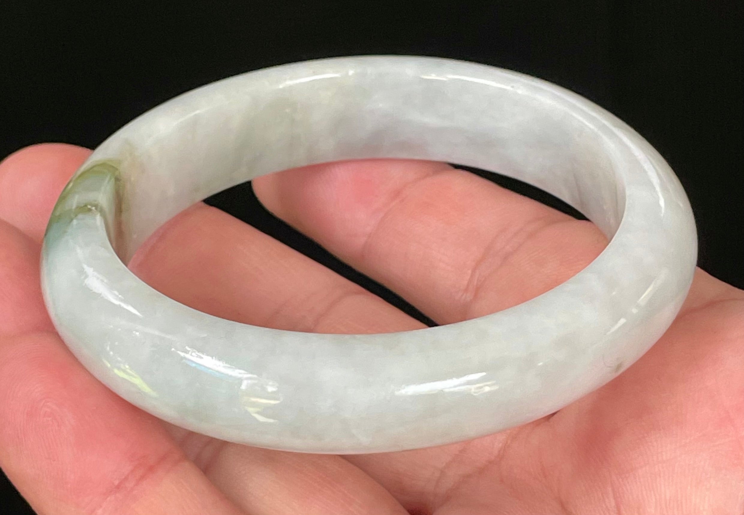 Natural Grade A Certified Burmese Jadeite Jade Bangle – Icy Apple & Moss Green with Light Greyish Milky White Hues – 57.5mm – JB025