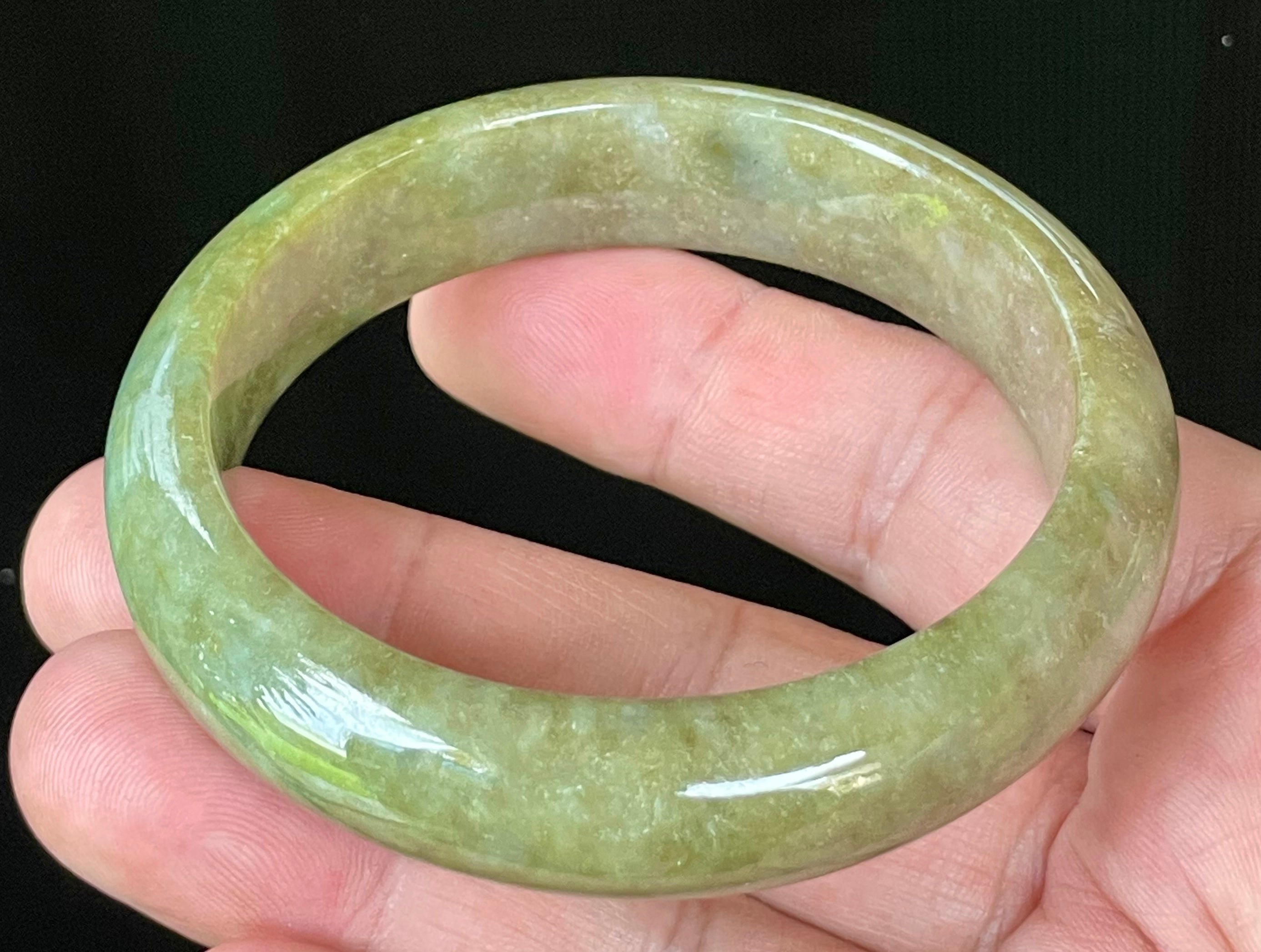 Natural Grade A Certified Burmese Jadeite Jade Bangle – Icy Apple & Forest Green with Milky Honey White Hues – 58mm – JB040