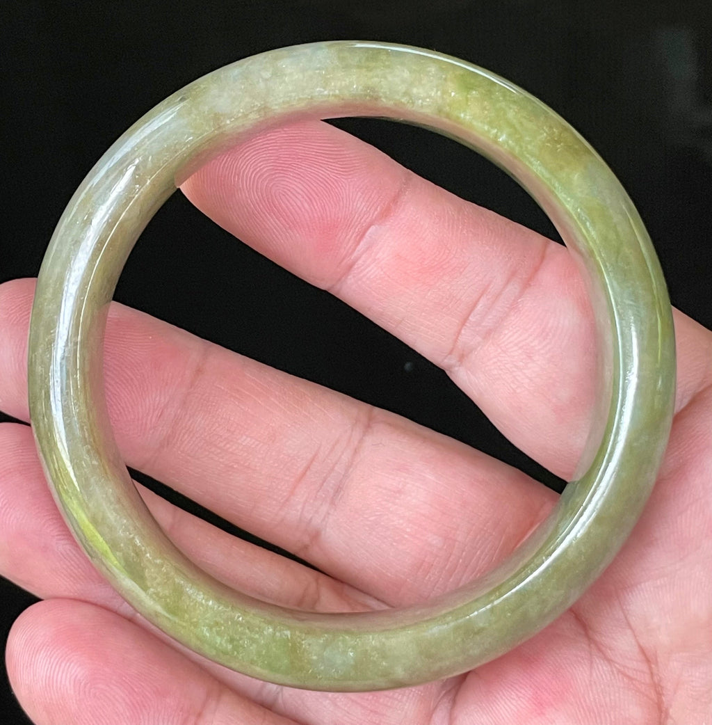 Natural Grade A Certified Burmese Jadeite Jade Bangle – Icy Apple & Forest Green with Milky Honey White Hues – 58mm – JB040