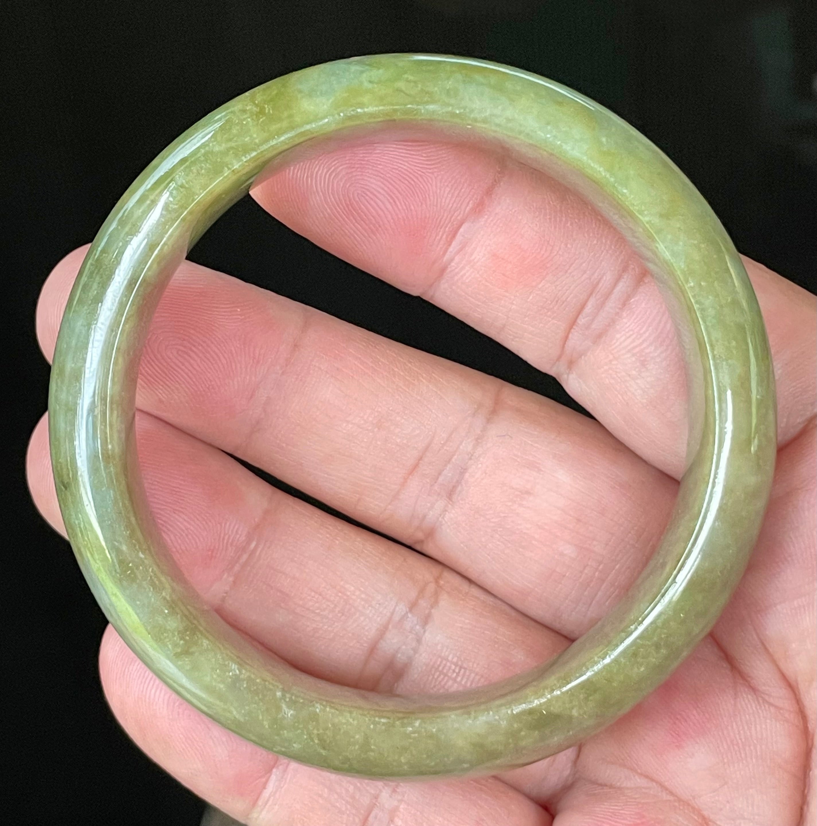 Natural Grade A Certified Burmese Jadeite Jade Bangle – Icy Apple & Forest Green with Milky Honey White Hues – 58mm – JB040