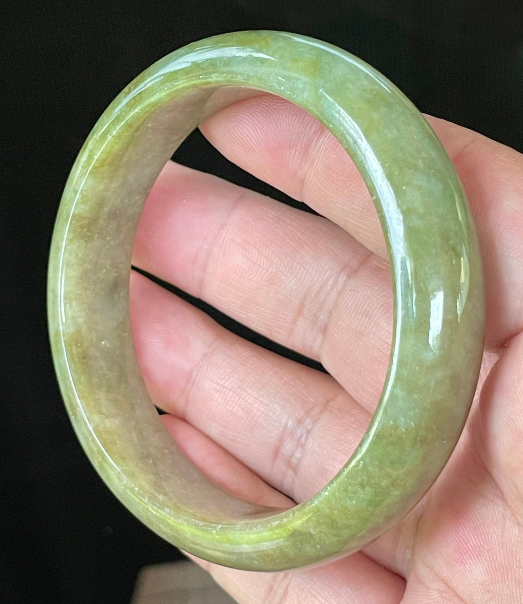 Natural Grade A Certified Burmese Jadeite Jade Bangle – Icy Apple & Forest Green with Milky Honey White Hues – 58mm – JB040